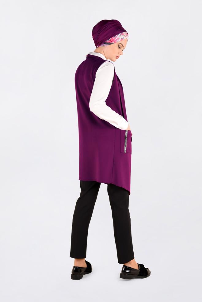 Tesettür giyim BEJ ASİMETRİK KESİM SALAŞ YAKA YELEK 4795 - ALVİNA