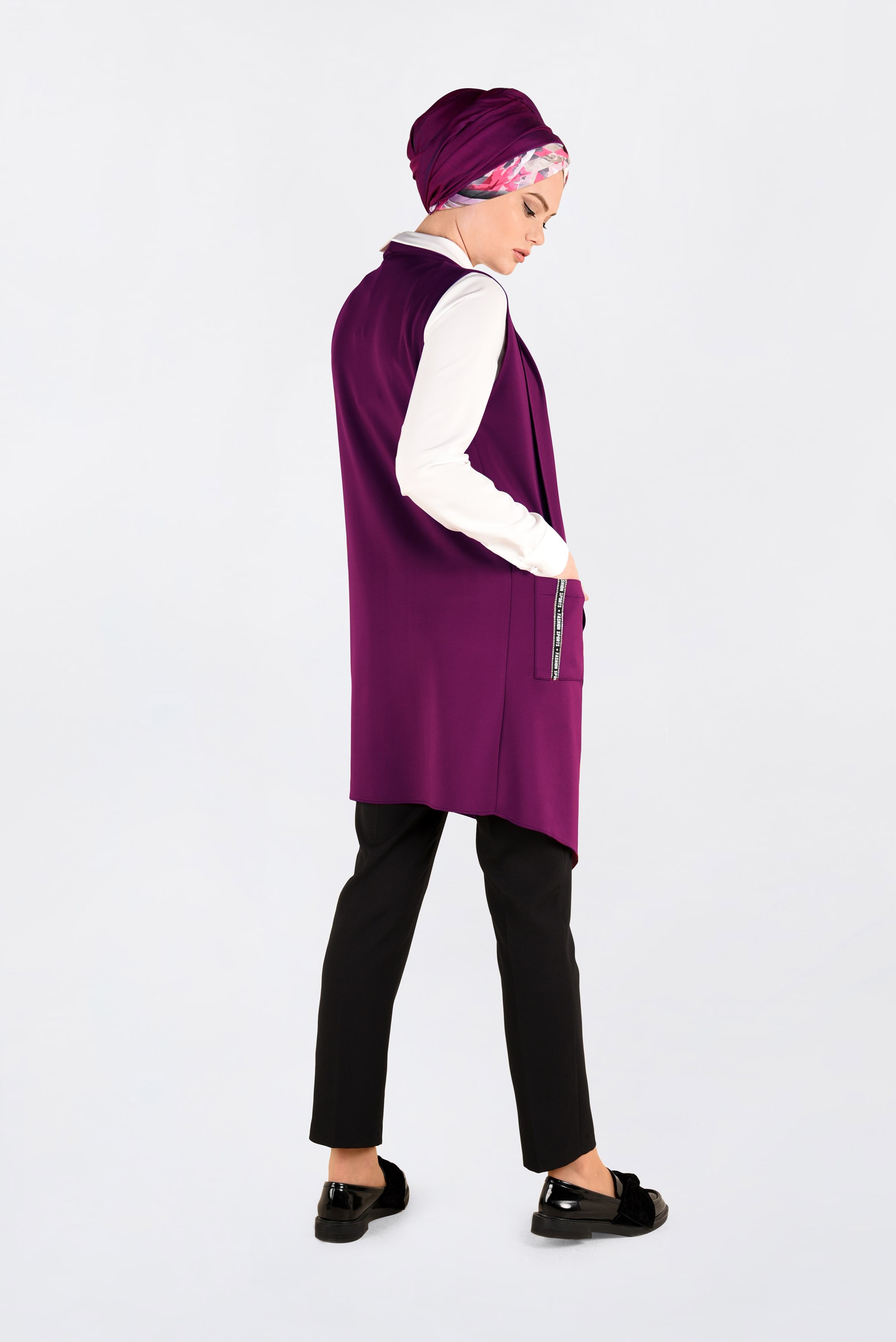 Tesettür giyim MOR ASİMETRİK KESİM SALAŞ YAKA YELEK 4795