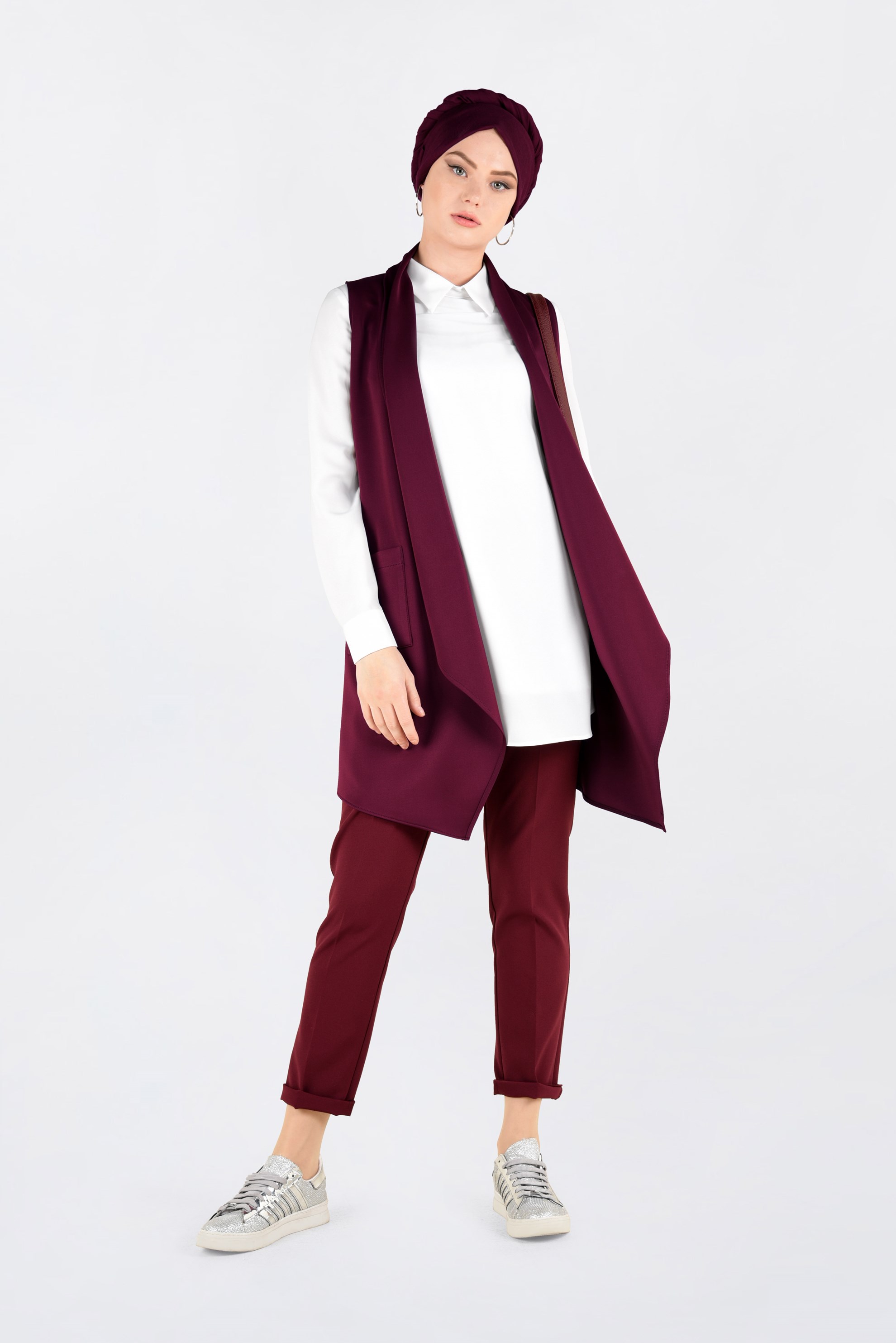 Tesettür giyim BORDO ASİMETRİK KESİM SALAŞ YAKA YELEK 4795