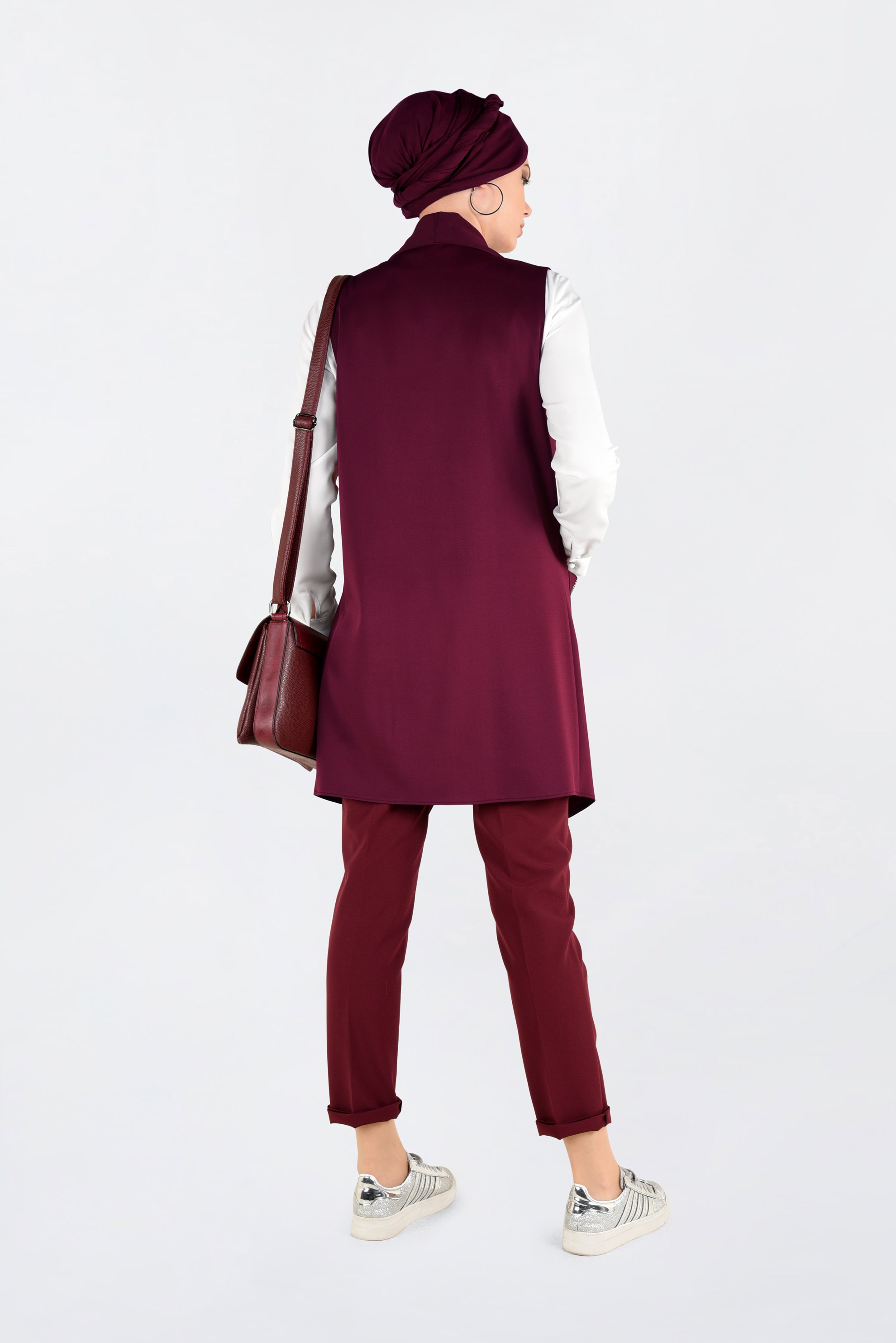 Tesettür giyim BORDO ASİMETRİK KESİM SALAŞ YAKA YELEK 4795