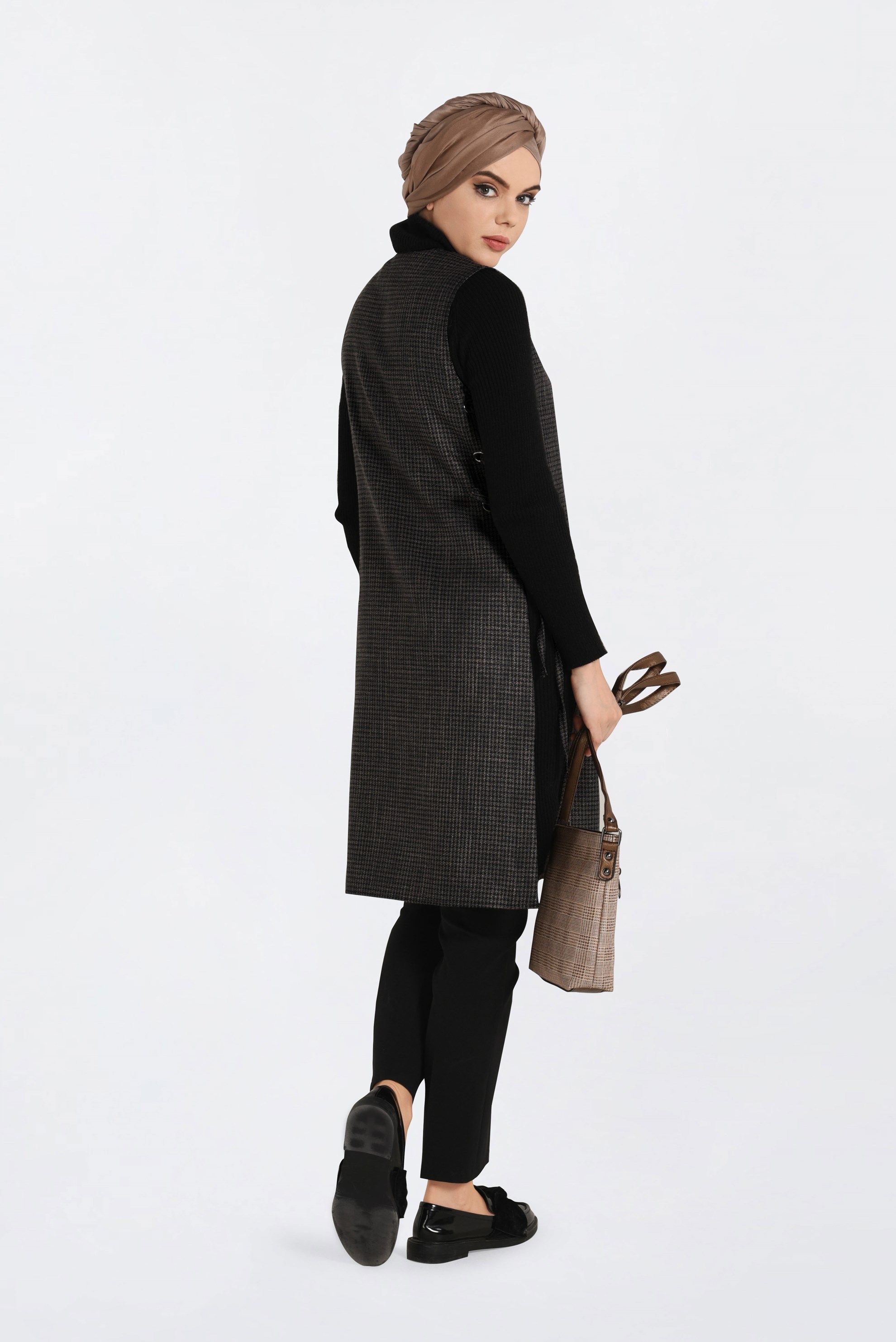 Tesettür giyim SİYAH YANDAN BAĞCIKLI KUŞGÖZLÜ YELEK 4809