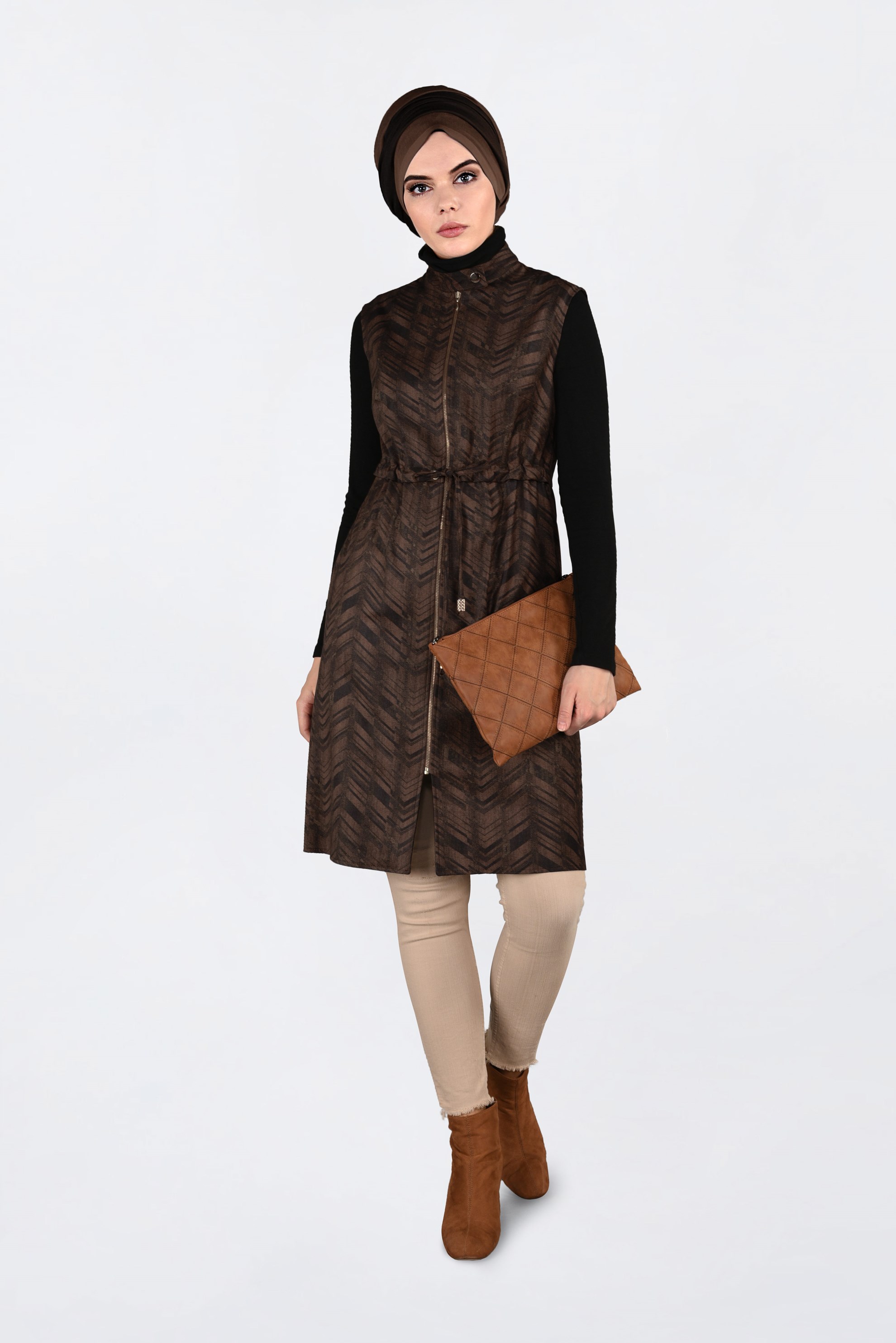 Tesettür giyim KAHVE BELDEN BÜZGÜLÜ FERMUARLI SÜET YELEK 4810