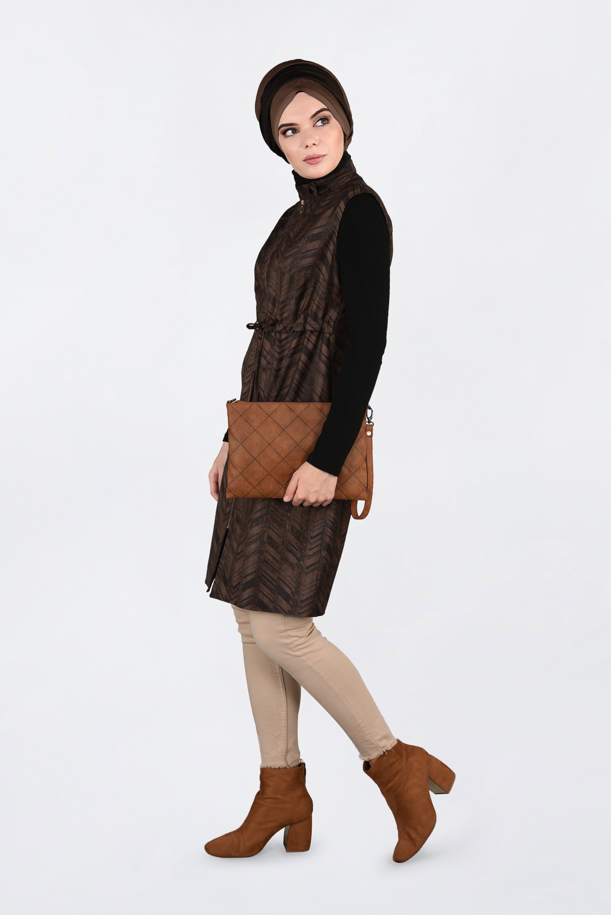 Tesettür giyim KAHVE BELDEN BÜZGÜLÜ FERMUARLI SÜET YELEK 4810