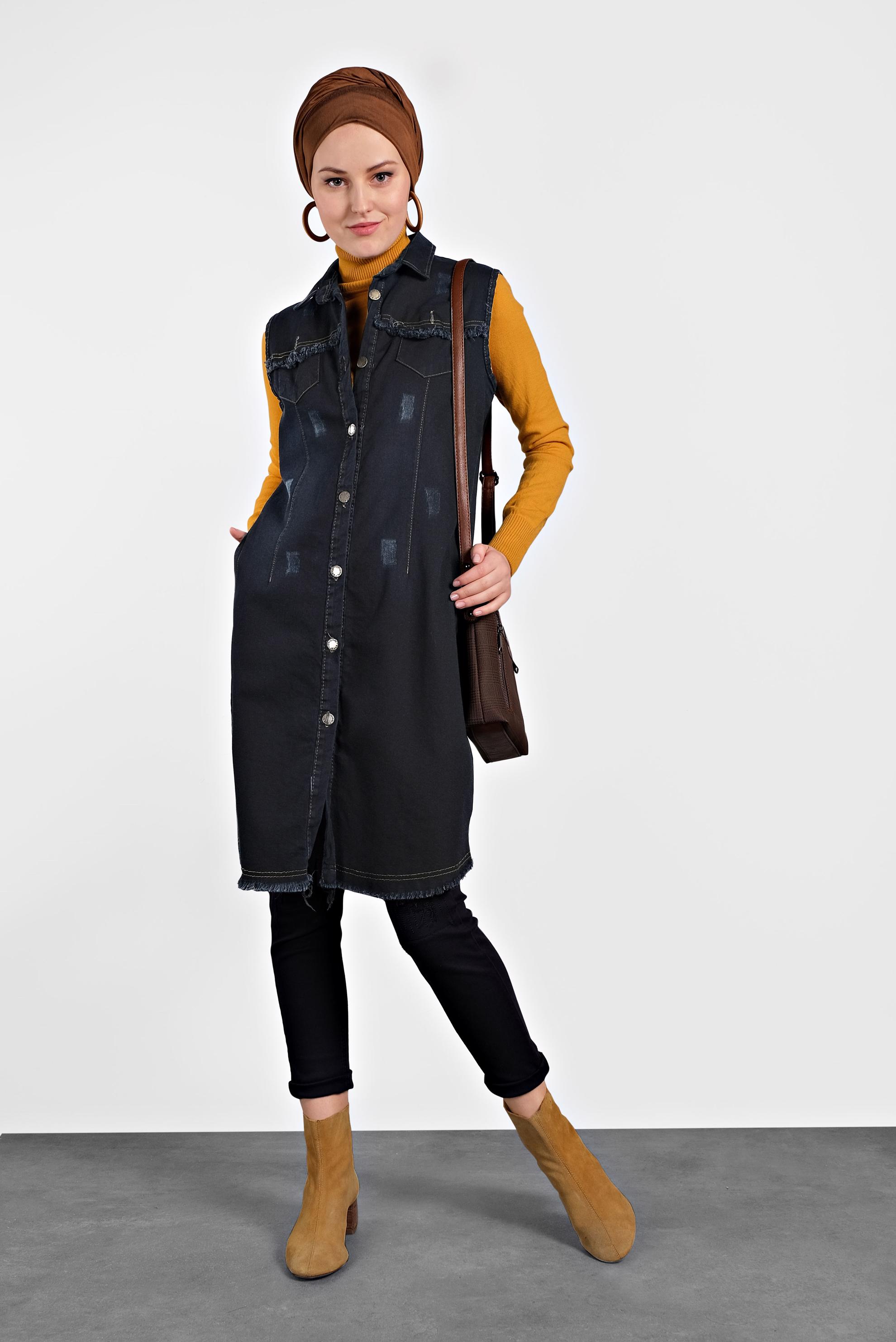 Tesettür giyim SİYAH DÜĞMELİ DENİM YELEK 4816