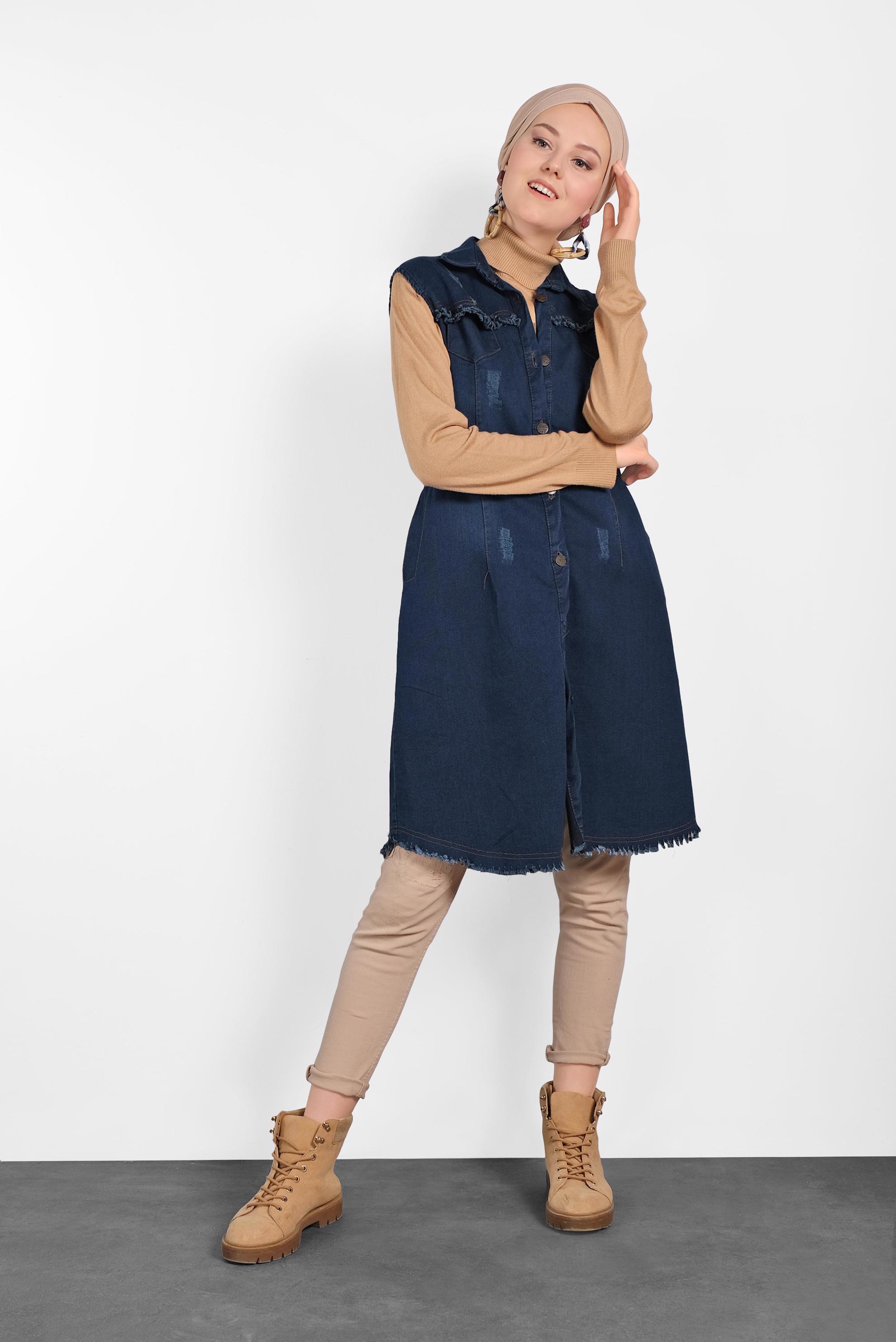 Tesettür giyim LACİVERT DÜĞMELİ DENİM YELEK 4816