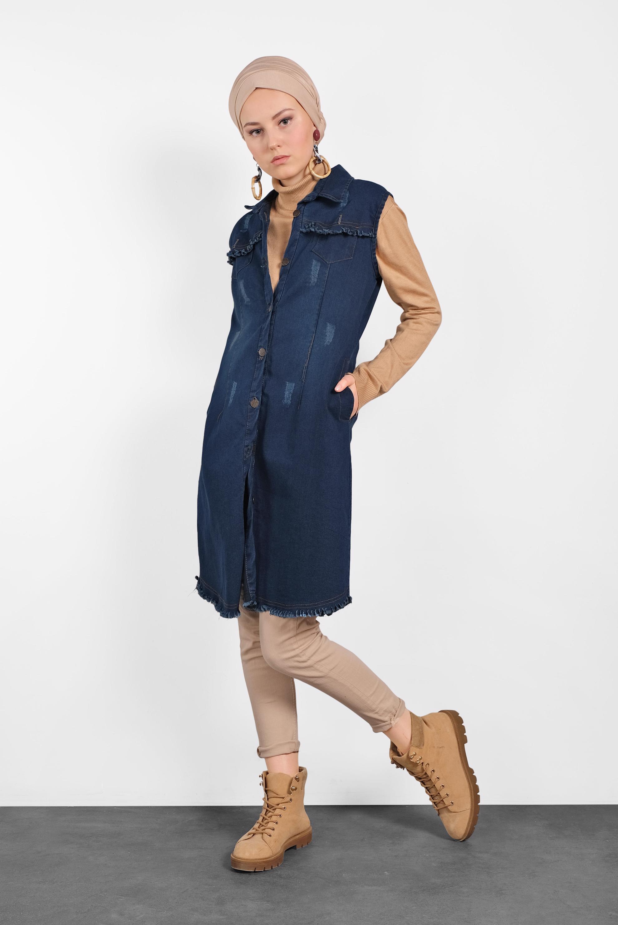 Tesettür giyim LACİVERT DÜĞMELİ DENİM YELEK 4816