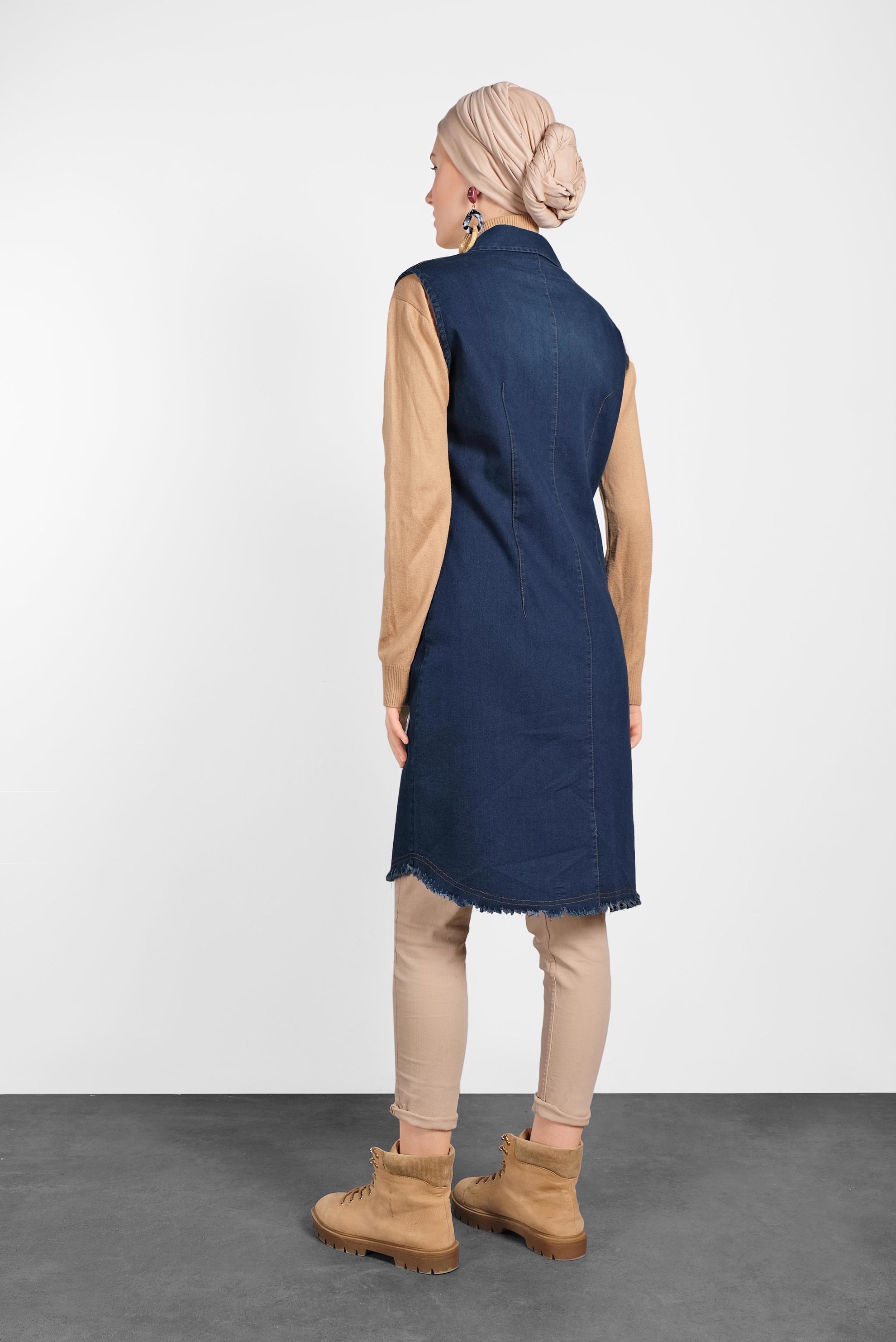 Tesettür giyim LACİVERT DÜĞMELİ DENİM YELEK 4816