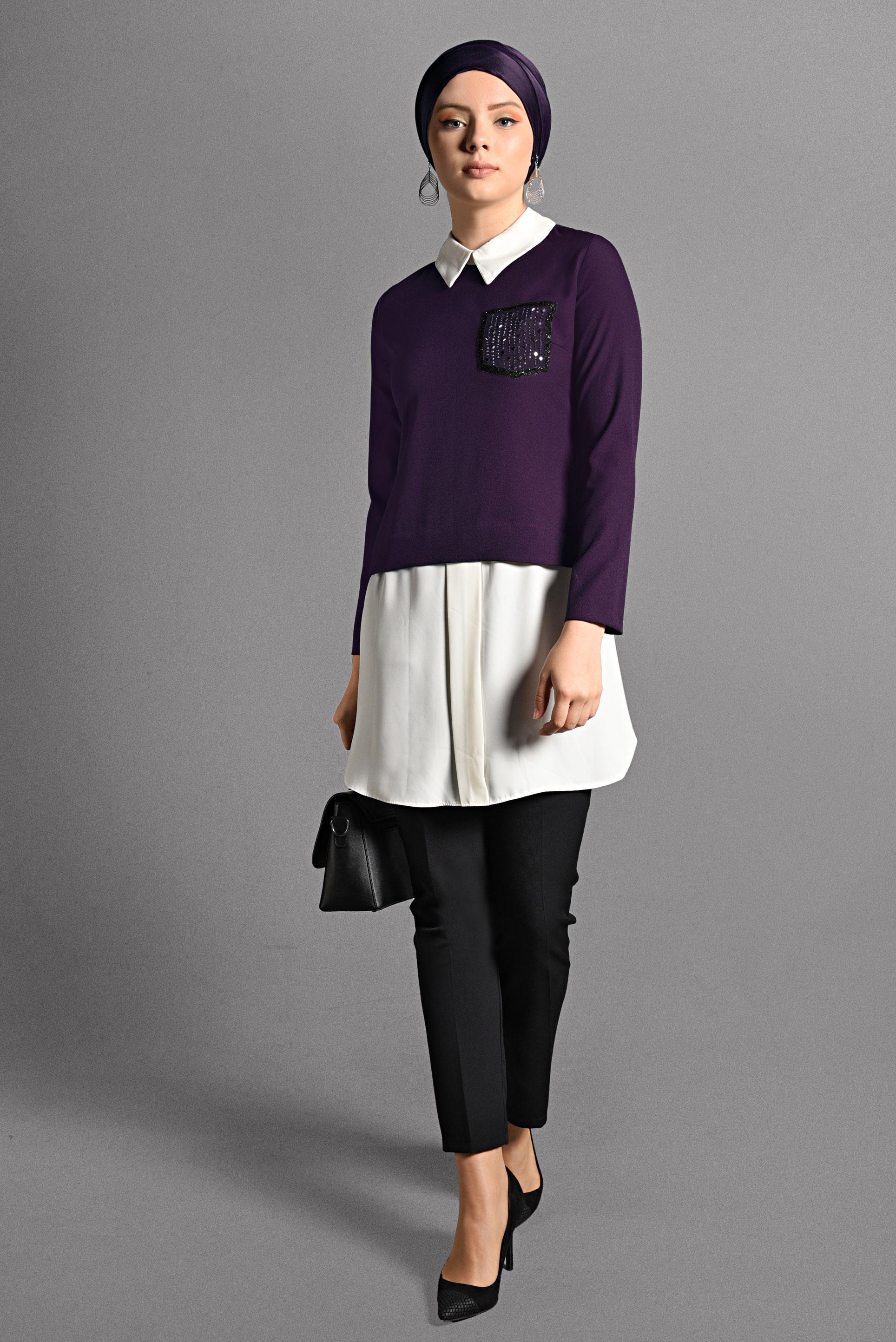 Tesettür giyim MOR PARÇA DETAYLI TUNİK 4075