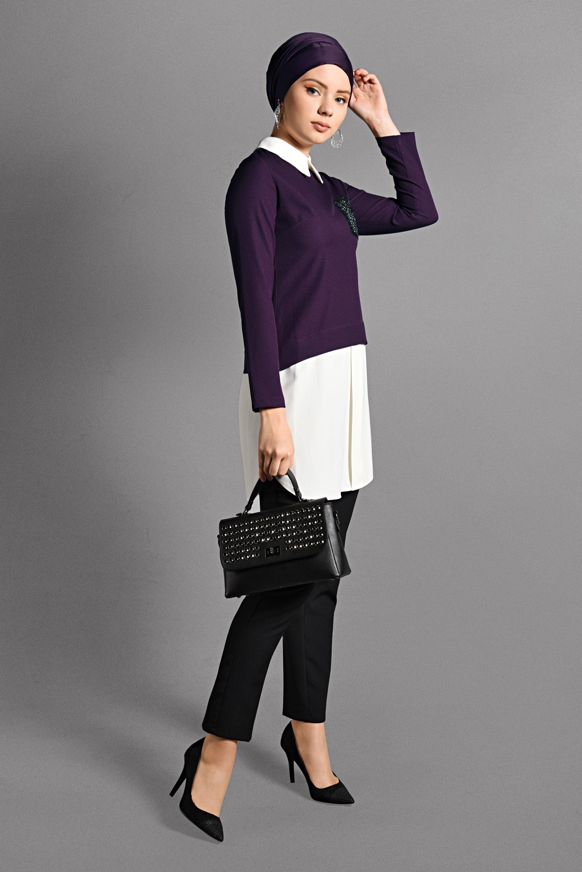 Tesettür giyim MOR PARÇA DETAYLI TUNİK 4075