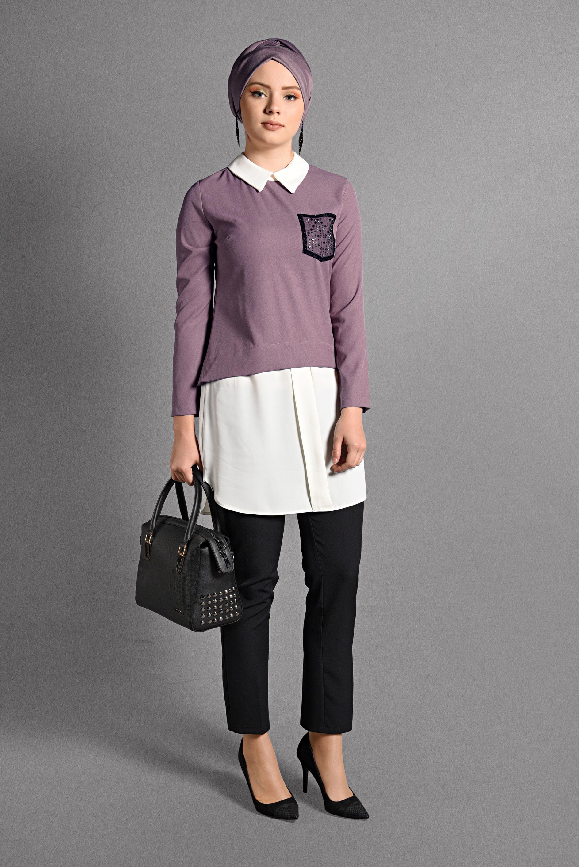 Tesettür giyim PUDRA PARÇA DETAYLI TUNİK 4075