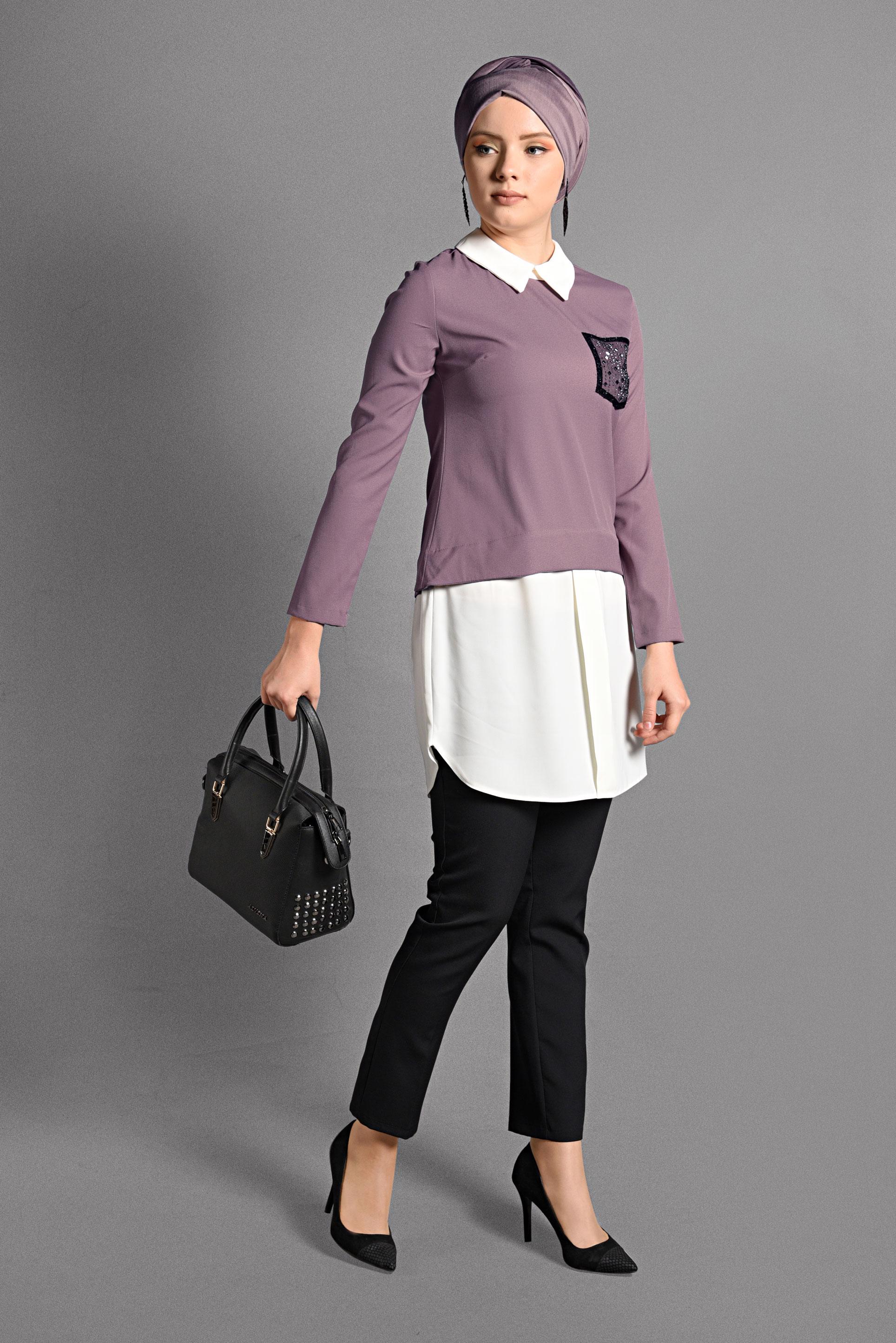 Tesettür giyim PUDRA PARÇA DETAYLI TUNİK 4075