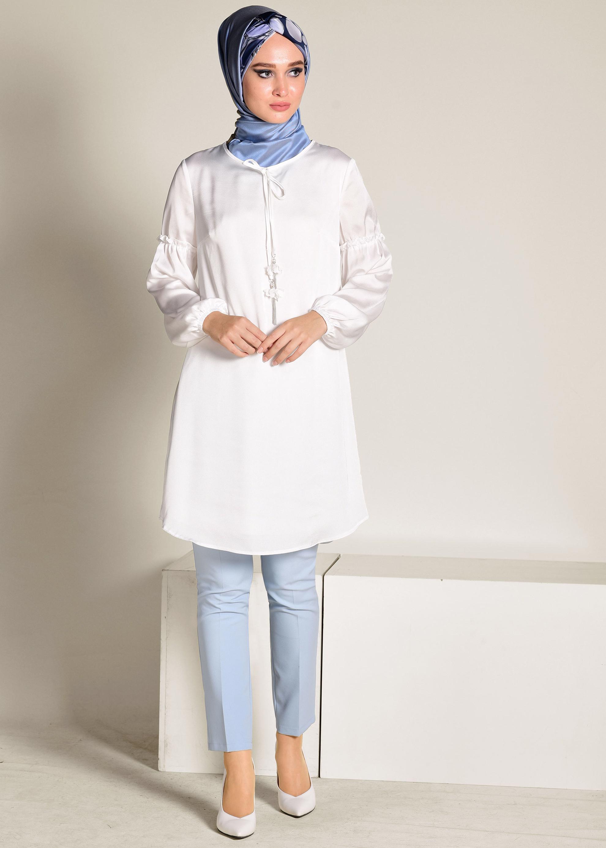 Tesettür giyim BEYAZ MANŞETLERİ LASTİKLİ SATEN TUNİK 4334