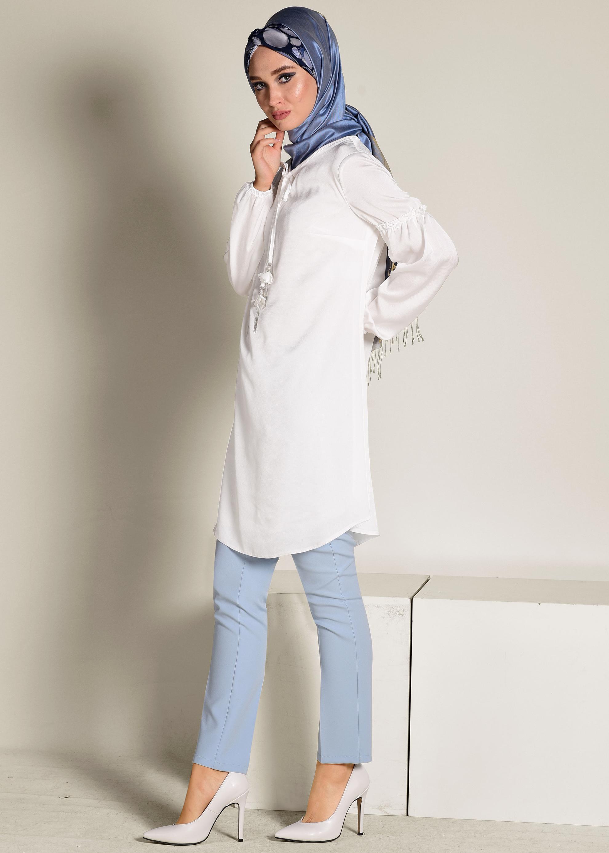 Tesettür giyim BEYAZ MANŞETLERİ LASTİKLİ SATEN TUNİK 4334