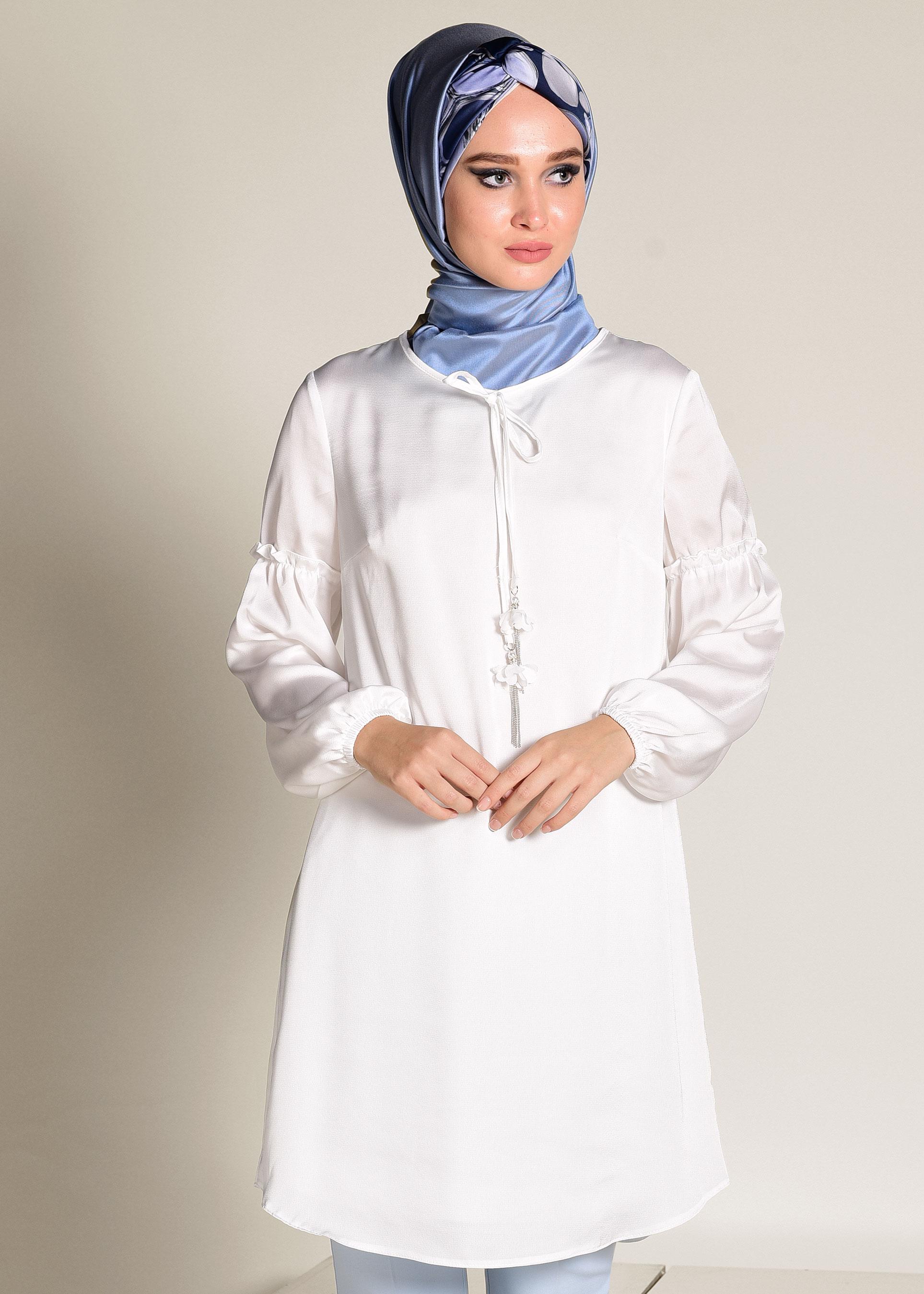 Tesettür giyim BEYAZ MANŞETLERİ LASTİKLİ SATEN TUNİK 4334