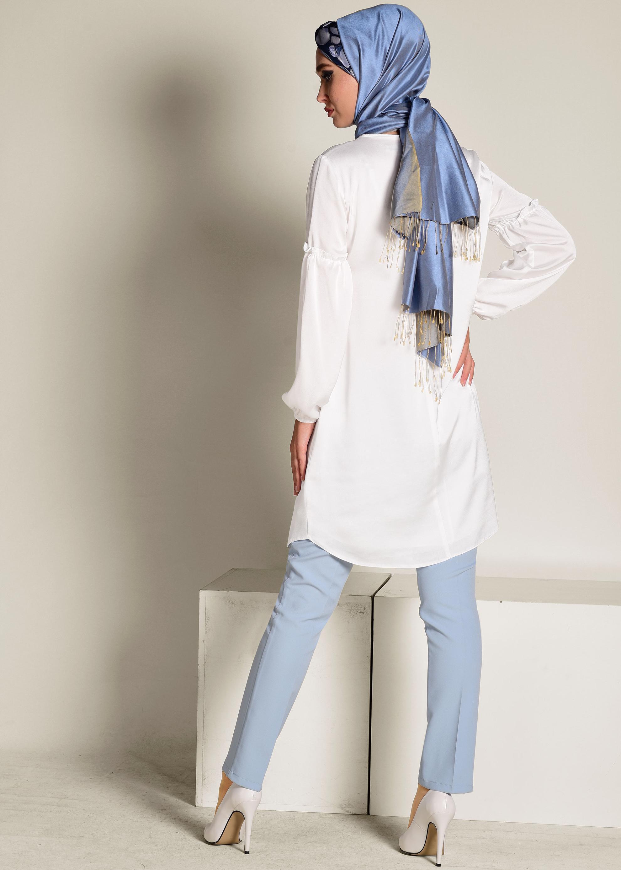 Tesettür giyim BEYAZ MANŞETLERİ LASTİKLİ SATEN TUNİK 4334