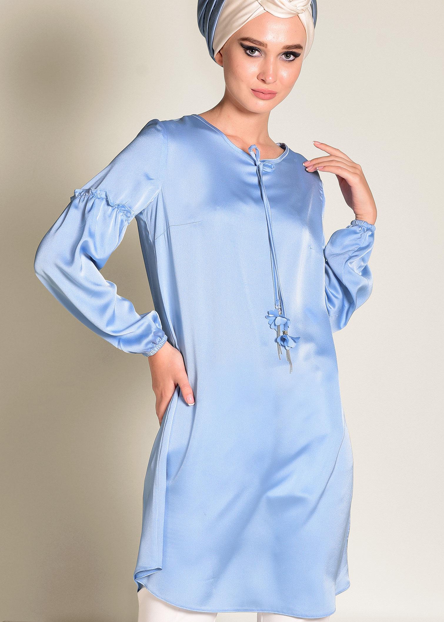 Tesettür giyim MAVİ MANŞETLERİ LASTİKLİ SATEN TUNİK 4334