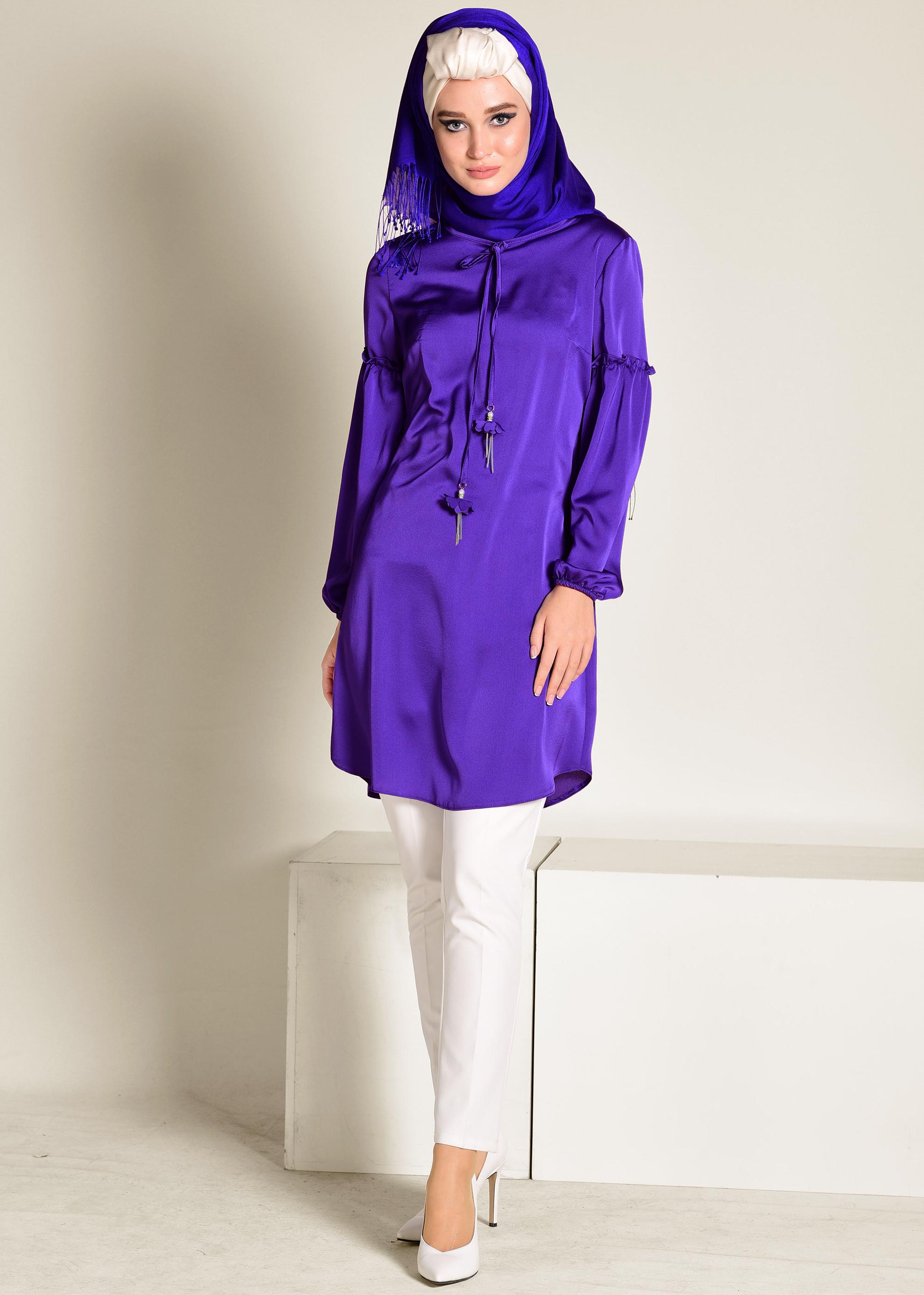 Tesettür giyim MOR MANŞETLERİ LASTİKLİ SATEN TUNİK 4334