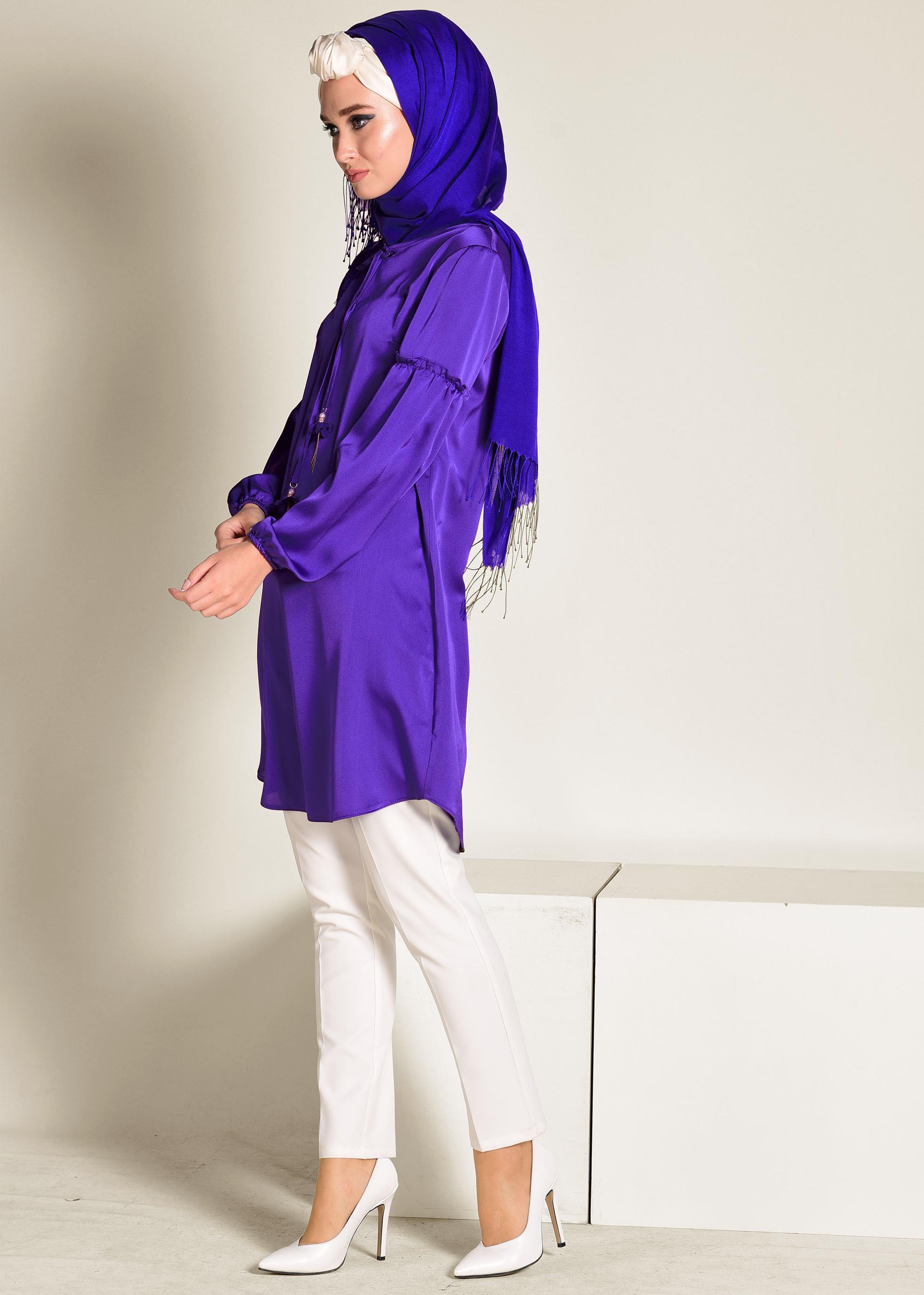 Tesettür giyim MOR MANŞETLERİ LASTİKLİ SATEN TUNİK 4334