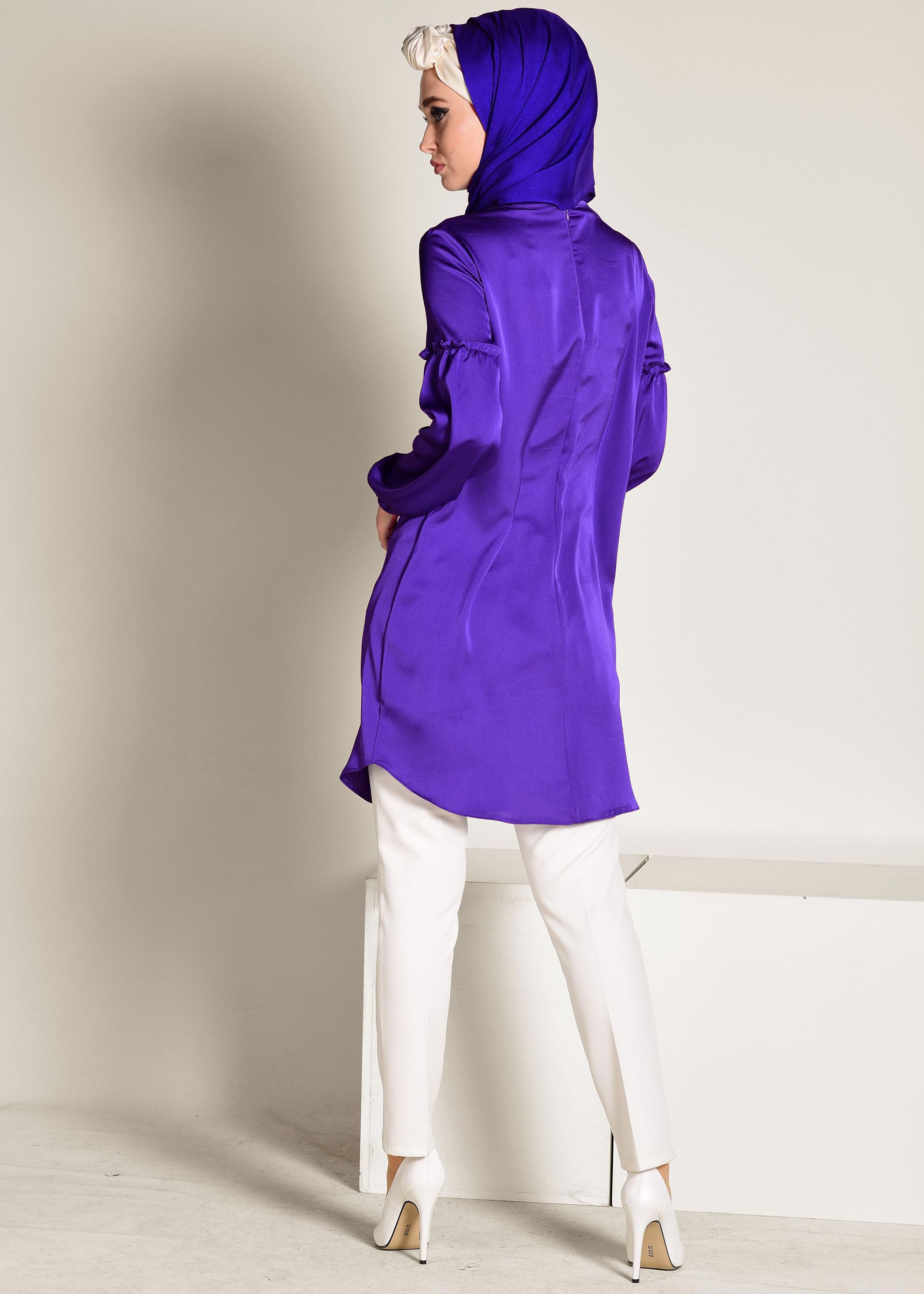 Tesettür giyim MOR MANŞETLERİ LASTİKLİ SATEN TUNİK 4334