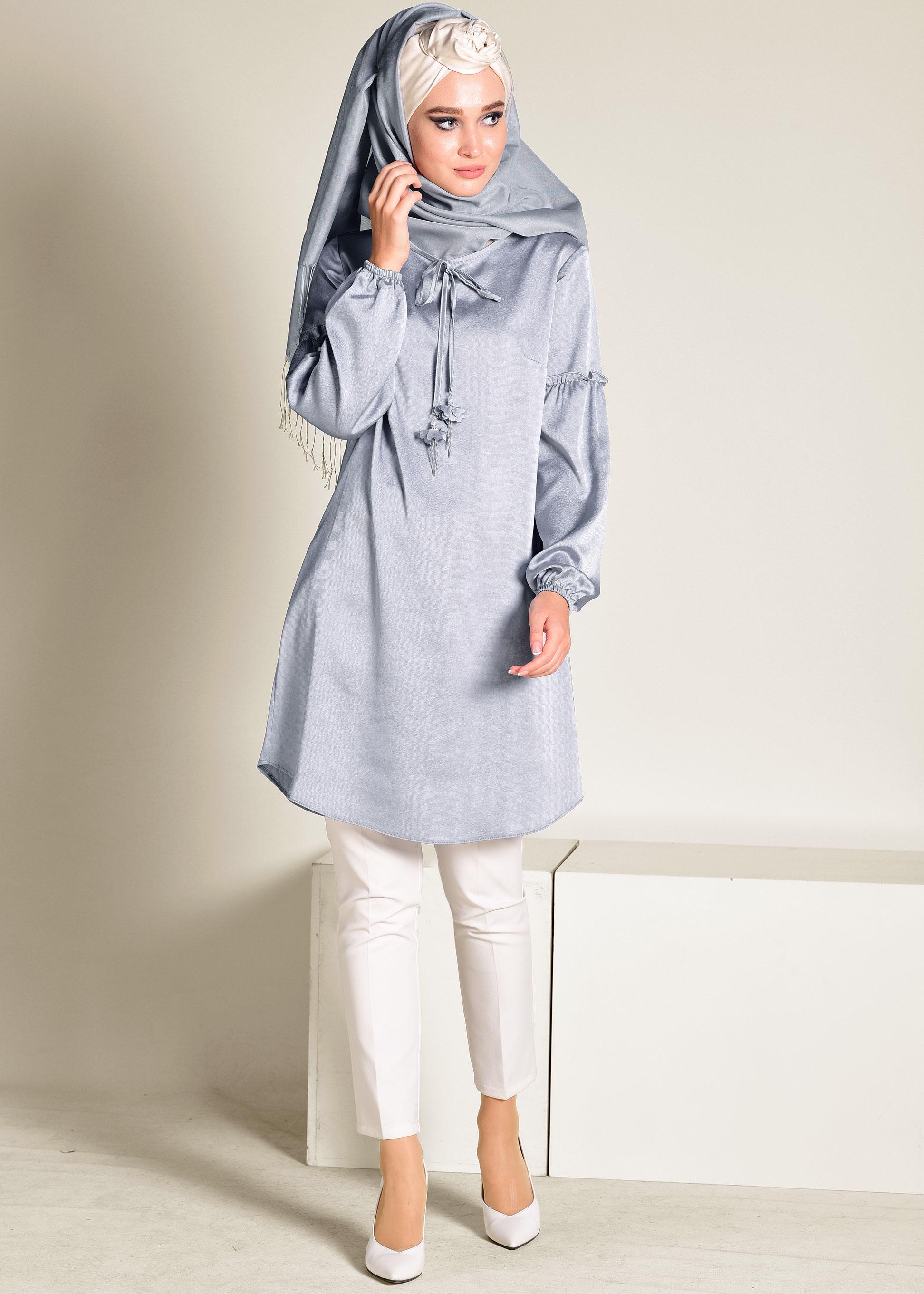 Tesettür giyim GRİ MANŞETLERİ LASTİKLİ SATEN TUNİK 4334