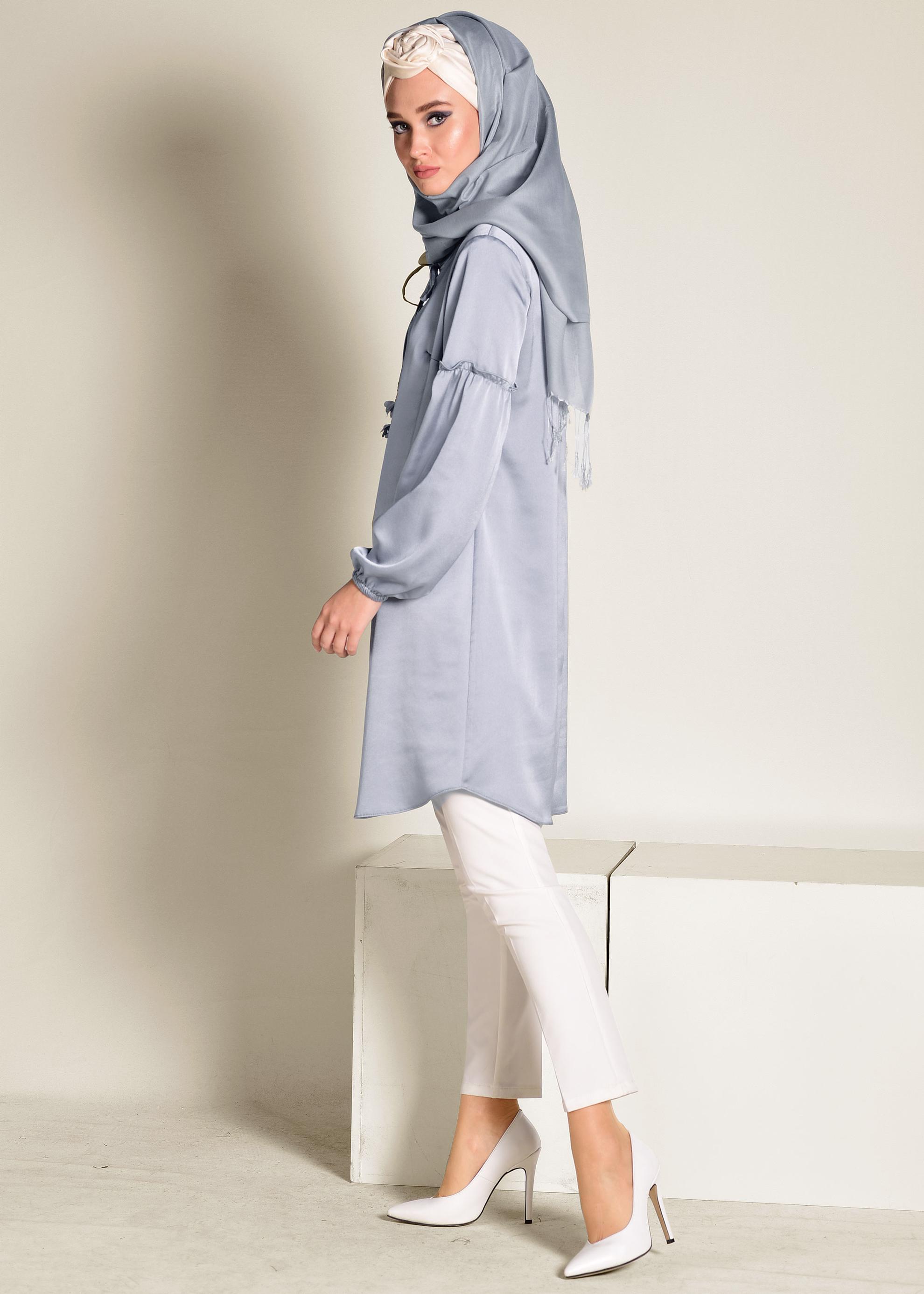 Tesettür giyim GRİ MANŞETLERİ LASTİKLİ SATEN TUNİK 4334