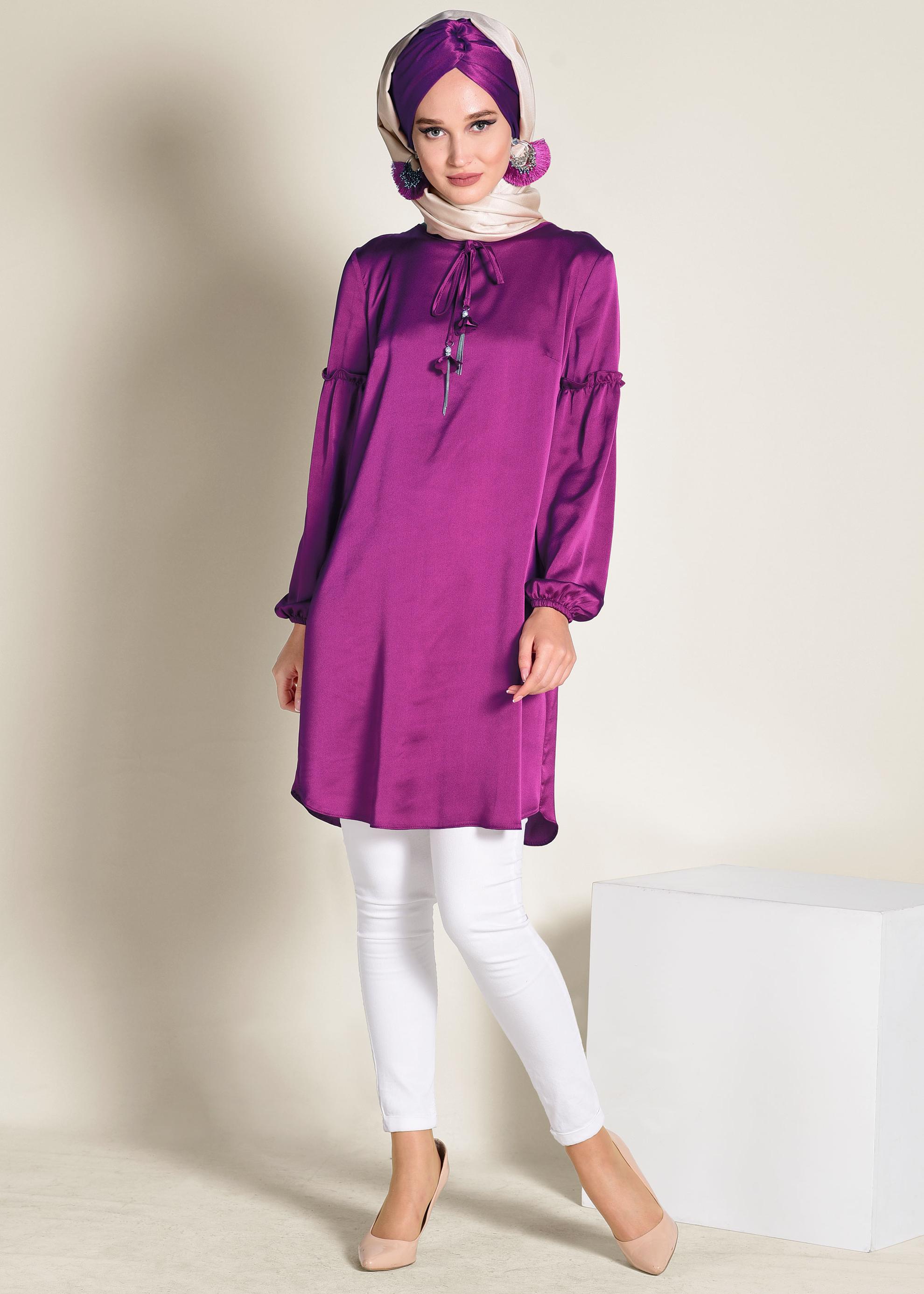 Tesettür giyim FUŞYA MANŞETLERİ LASTİKLİ SATEN TUNİK 4334