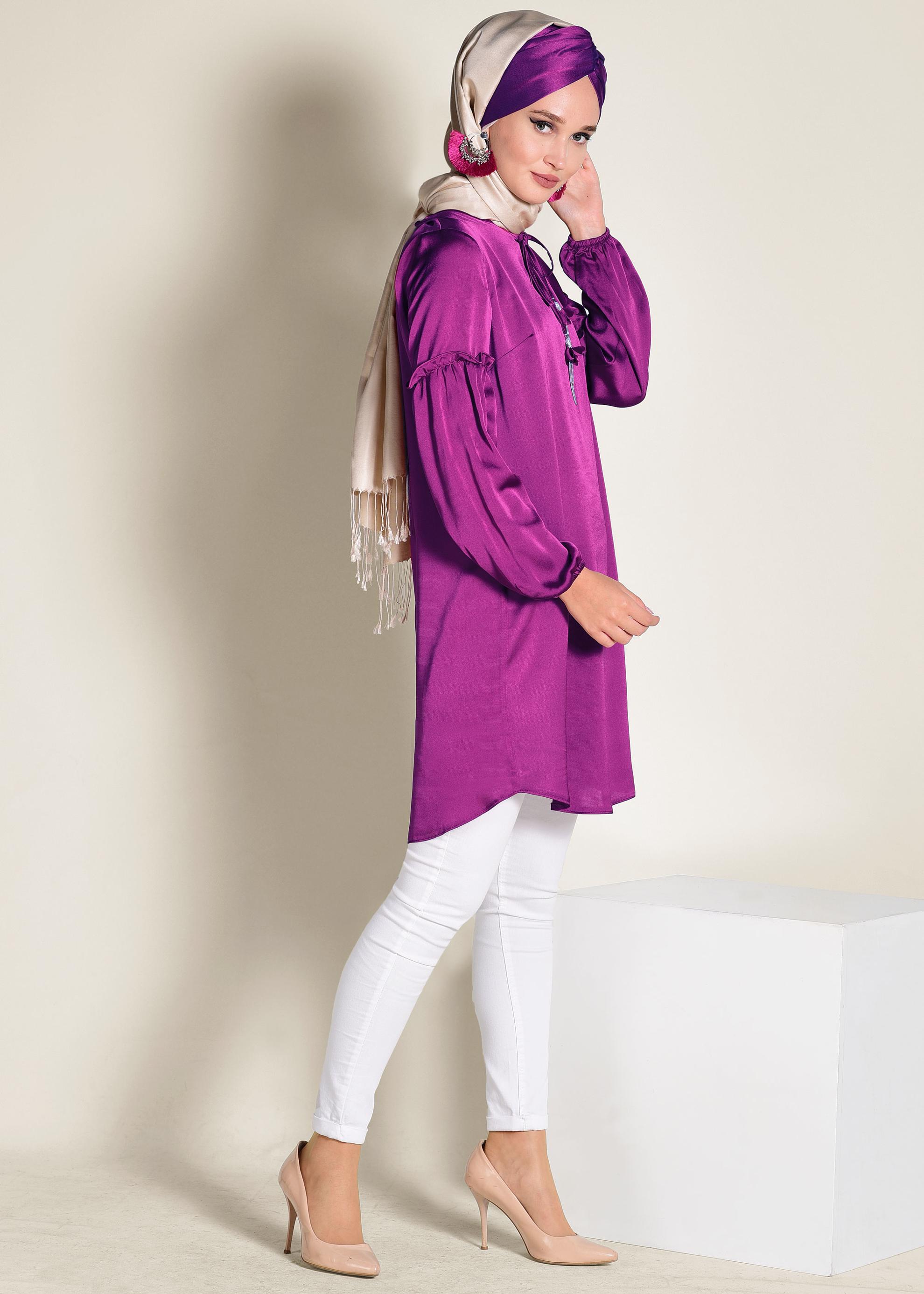 Tesettür giyim FUŞYA MANŞETLERİ LASTİKLİ SATEN TUNİK 4334