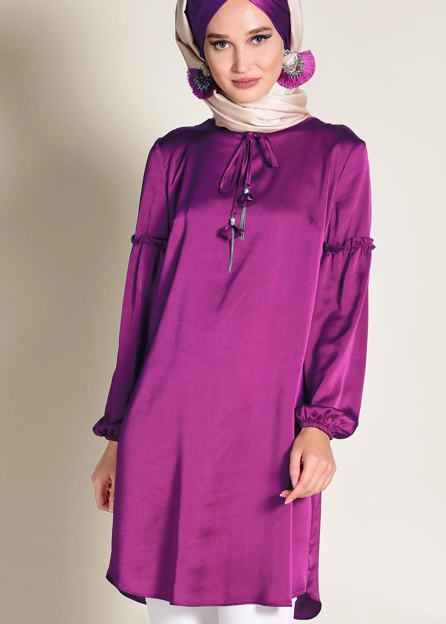 Tesettür giyim FUŞYA MANŞETLERİ LASTİKLİ SATEN TUNİK 4334