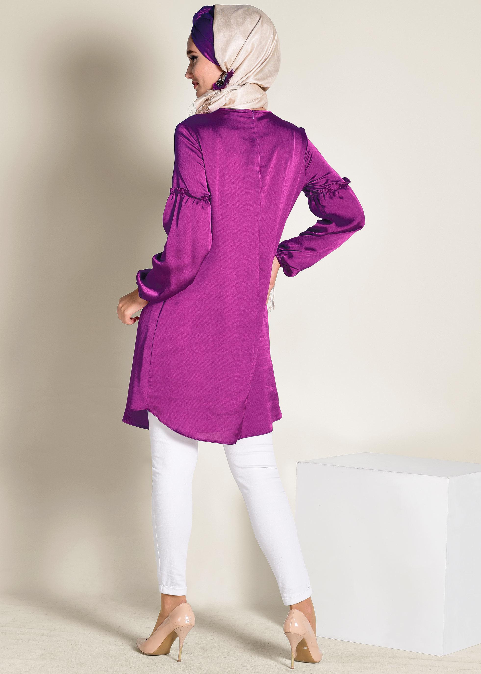 Tesettür giyim FUŞYA MANŞETLERİ LASTİKLİ SATEN TUNİK 4334