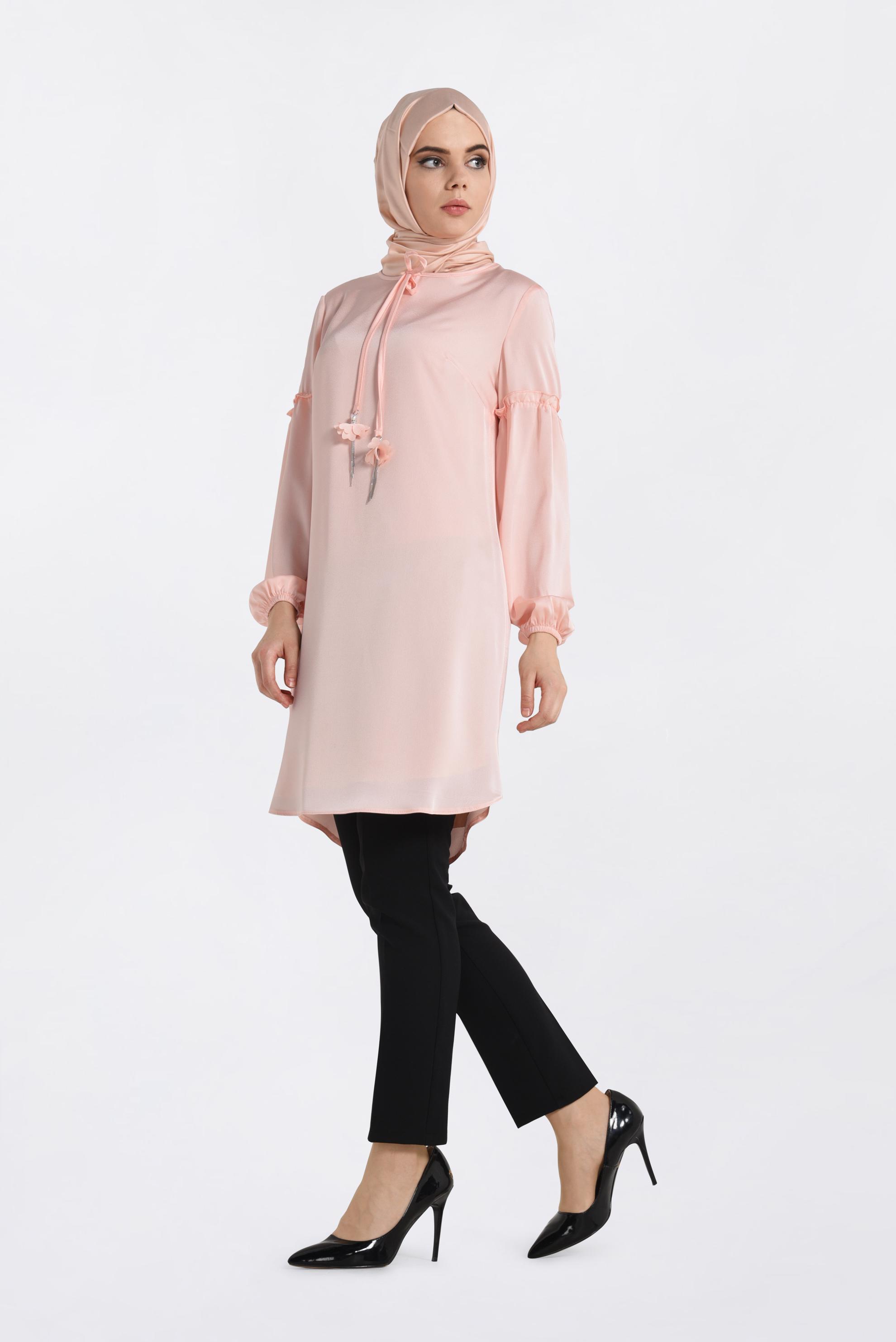 Tesettür giyim PUDRA MANŞETLERİ LASTİKLİ SATEN TUNİK 4334