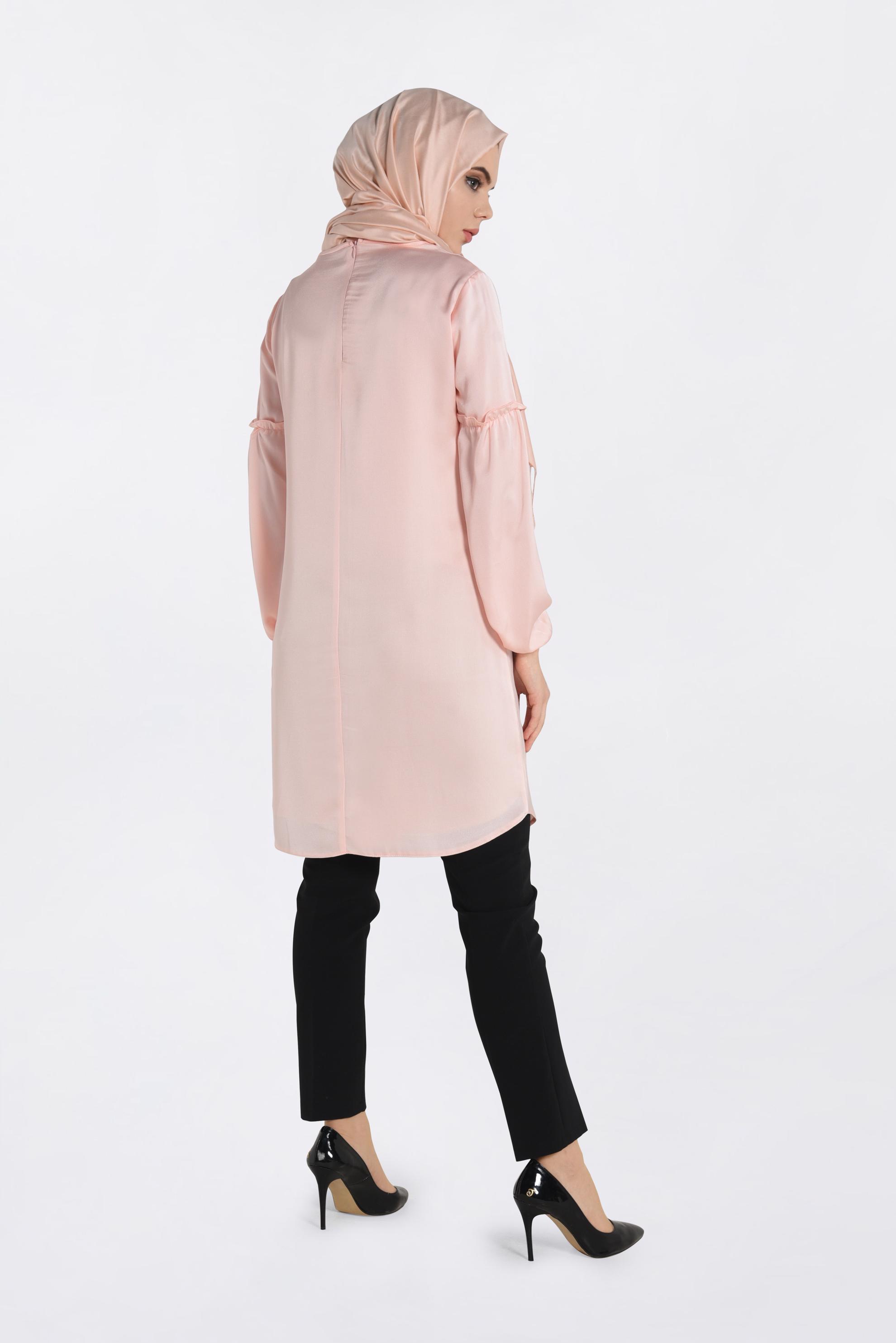 Tesettür giyim PUDRA MANŞETLERİ LASTİKLİ SATEN TUNİK 4334