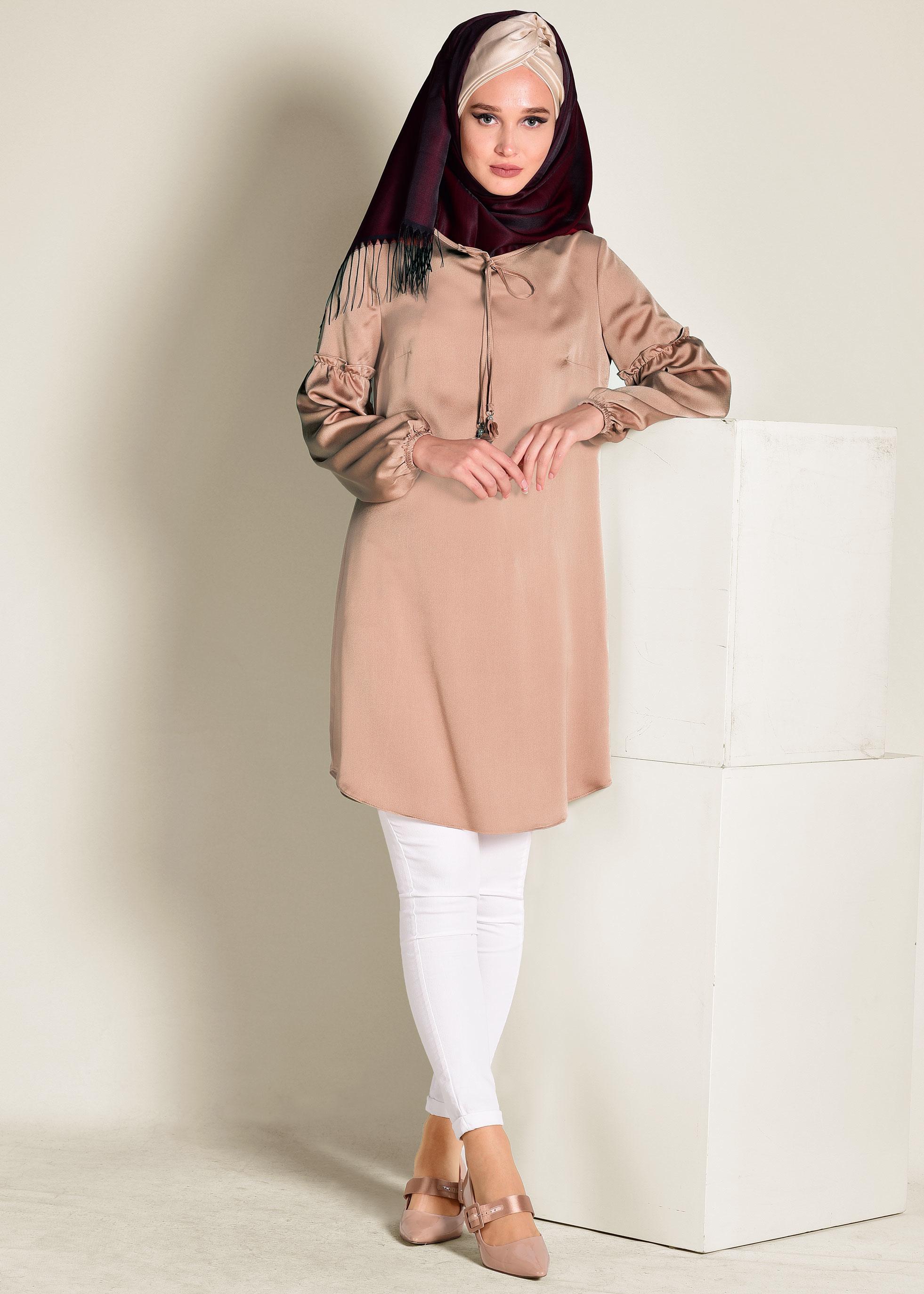 Tesettür giyim KAHVE MANŞETLERİ LASTİKLİ SATEN TUNİK 4334