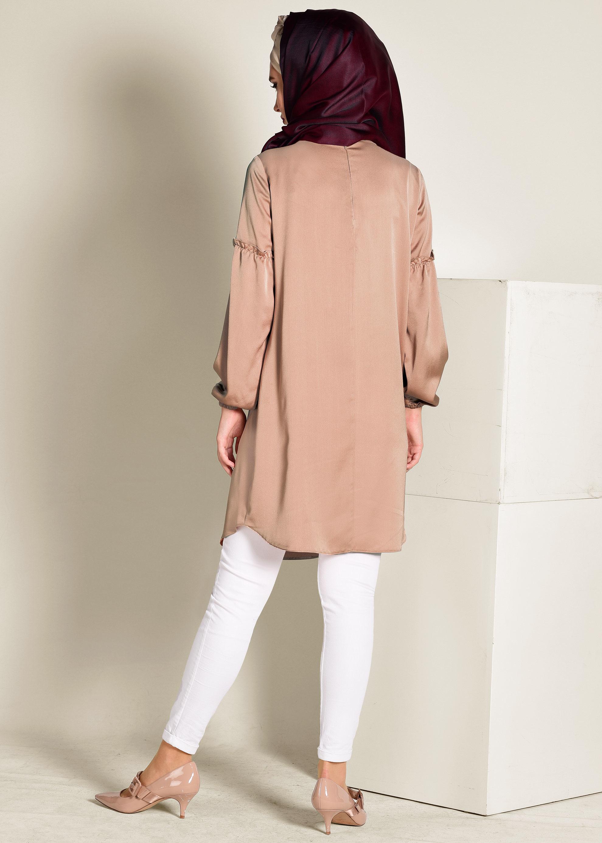 Tesettür giyim KAHVE MANŞETLERİ LASTİKLİ SATEN TUNİK 4334