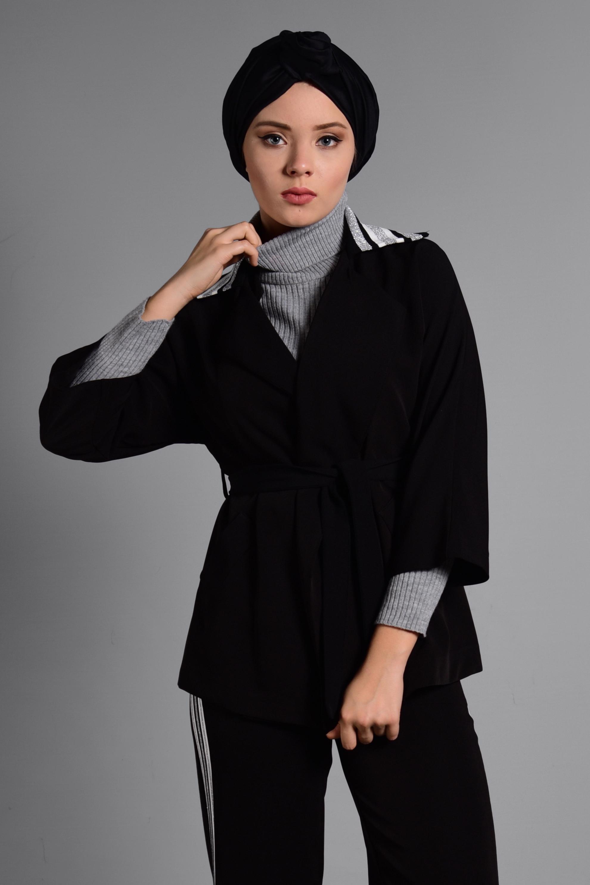 Tesettür giyim SİYAH ÇİZGİ DETAYLI İKİLİ PANTOLONLU TAKIM 4029