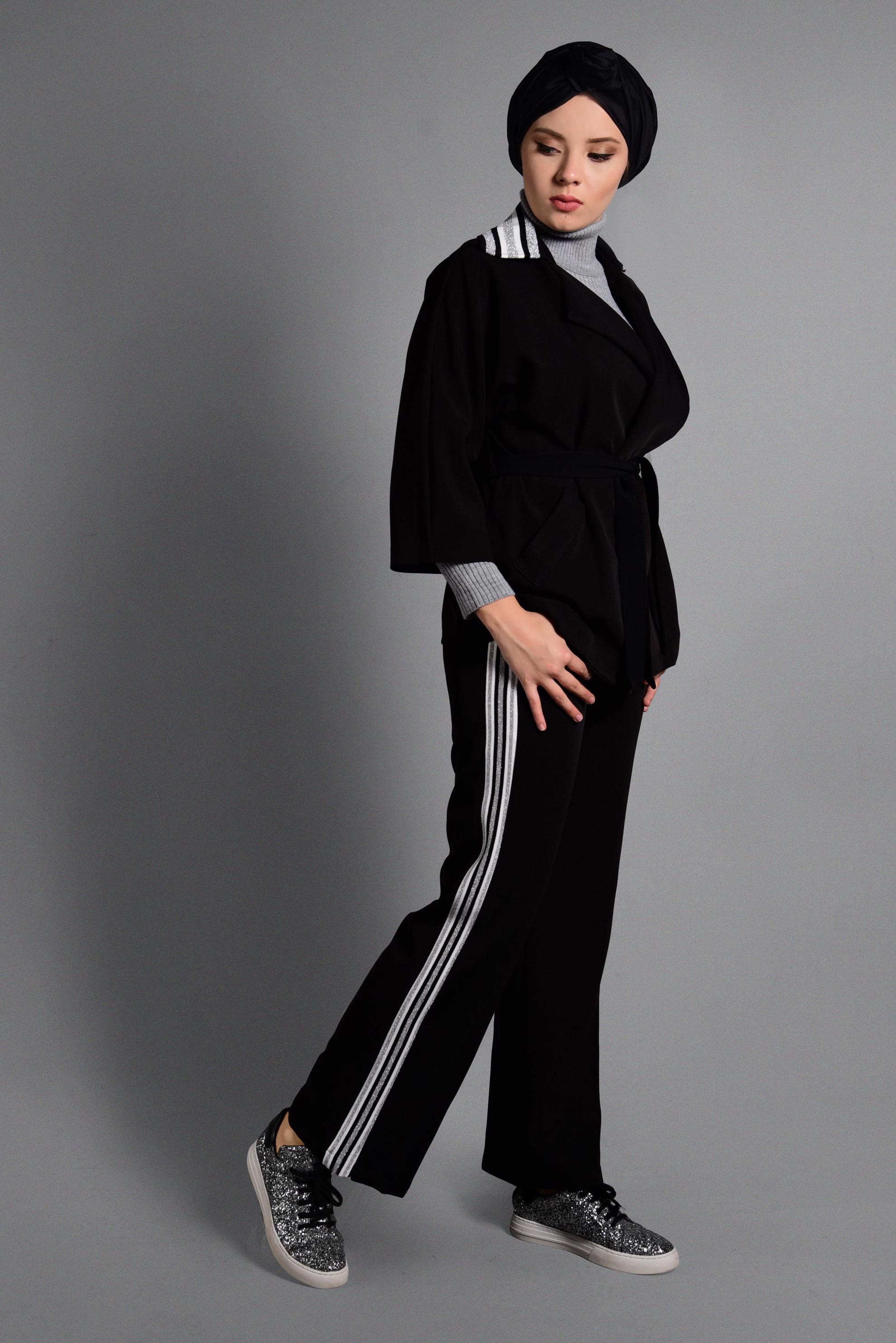 Tesettür giyim SİYAH ÇİZGİ DETAYLI İKİLİ PANTOLONLU TAKIM 4029