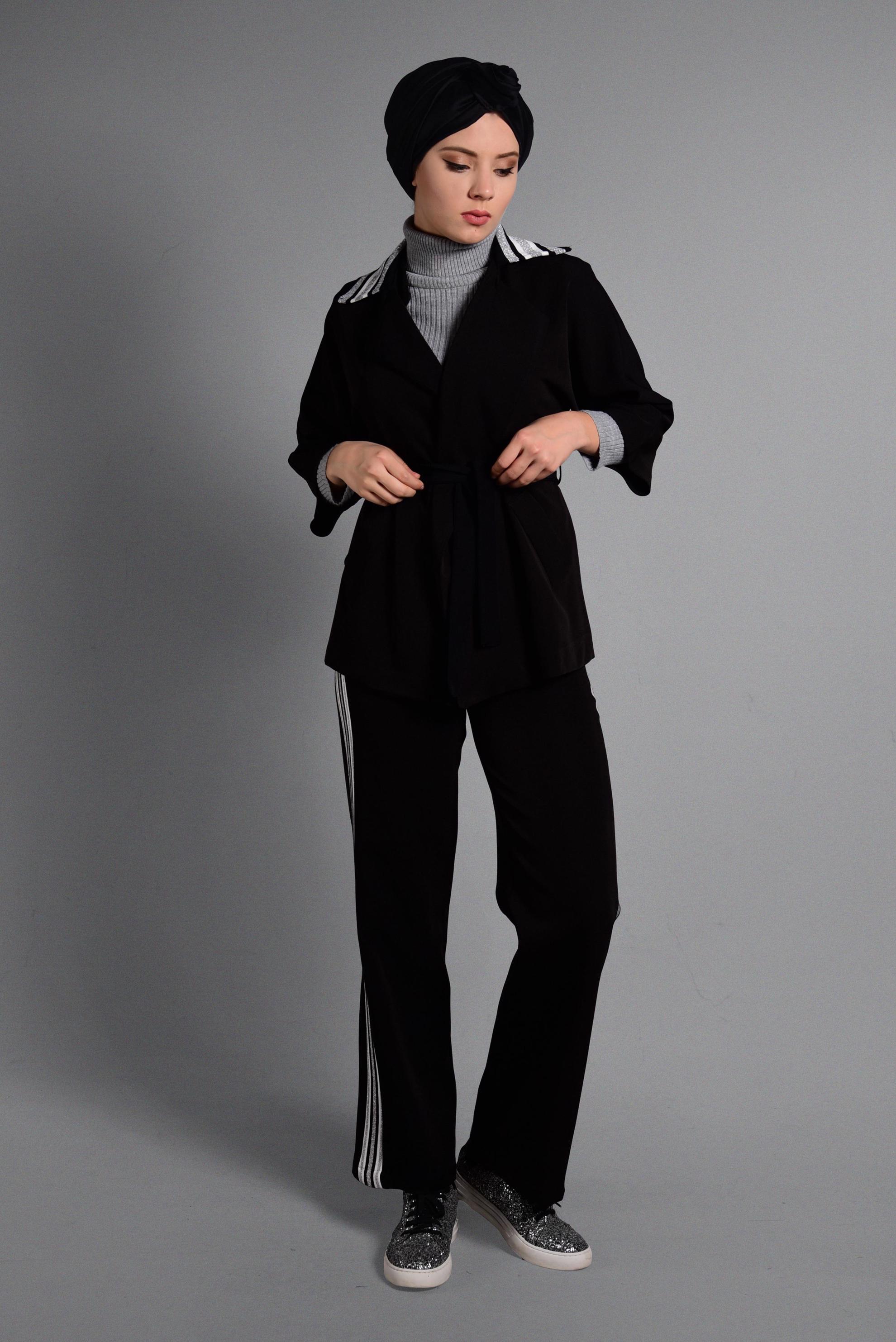 Tesettür giyim SİYAH ÇİZGİ DETAYLI İKİLİ PANTOLONLU TAKIM 4029