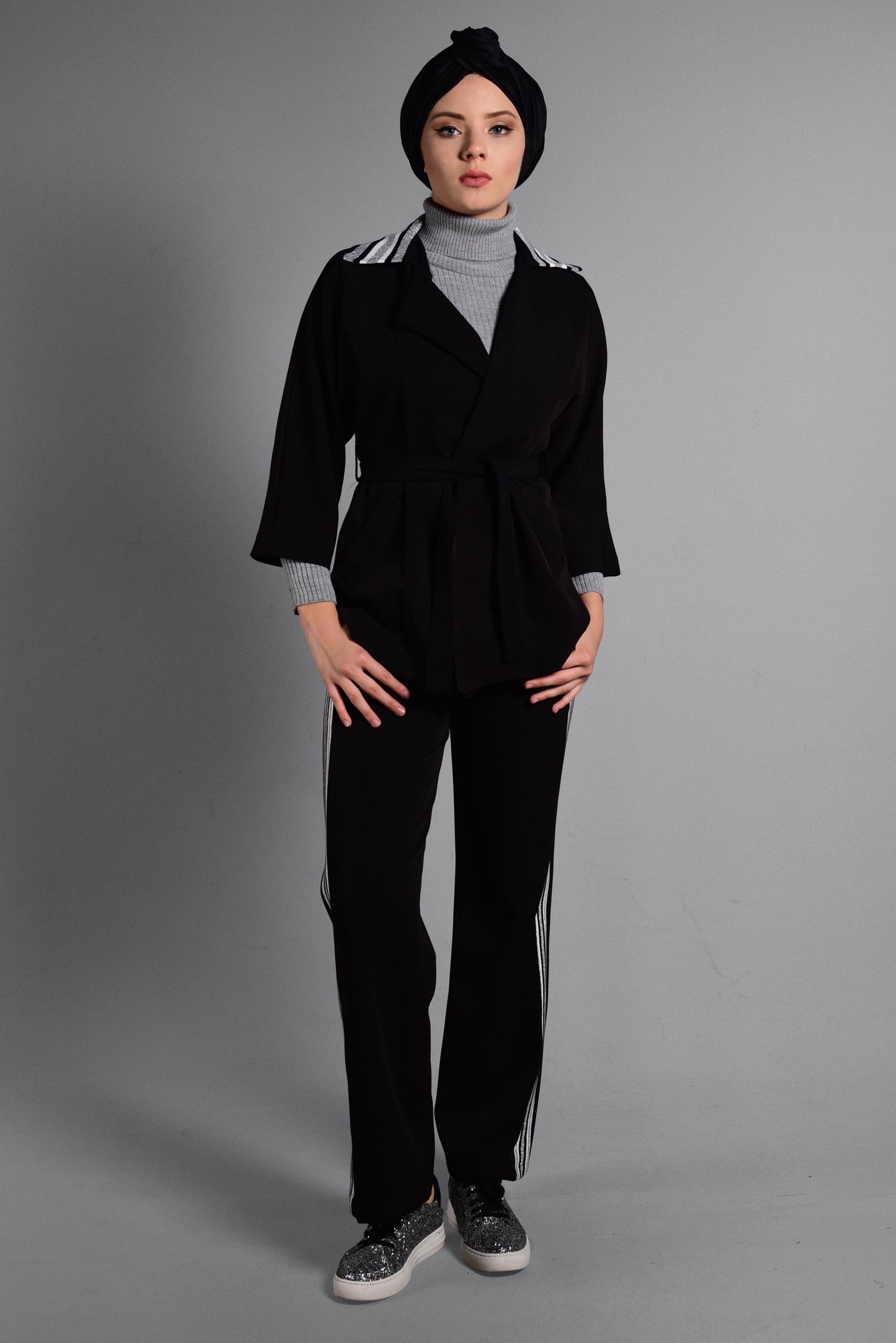 Tesettür giyim SİYAH ÇİZGİ DETAYLI İKİLİ PANTOLONLU TAKIM 4029