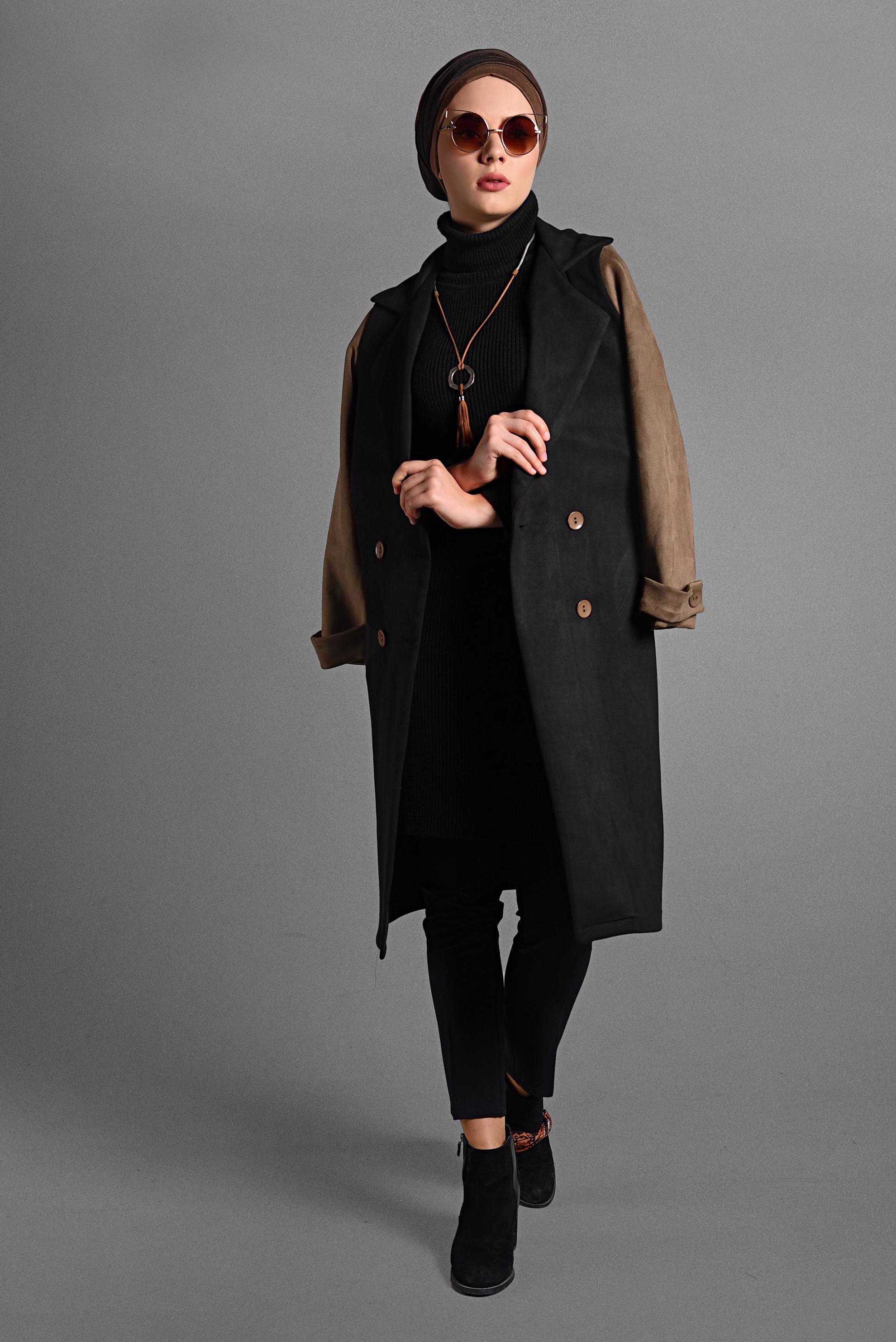 Tesettür giyim SİYAH KRUVAZE TRENÇKOT 4028 