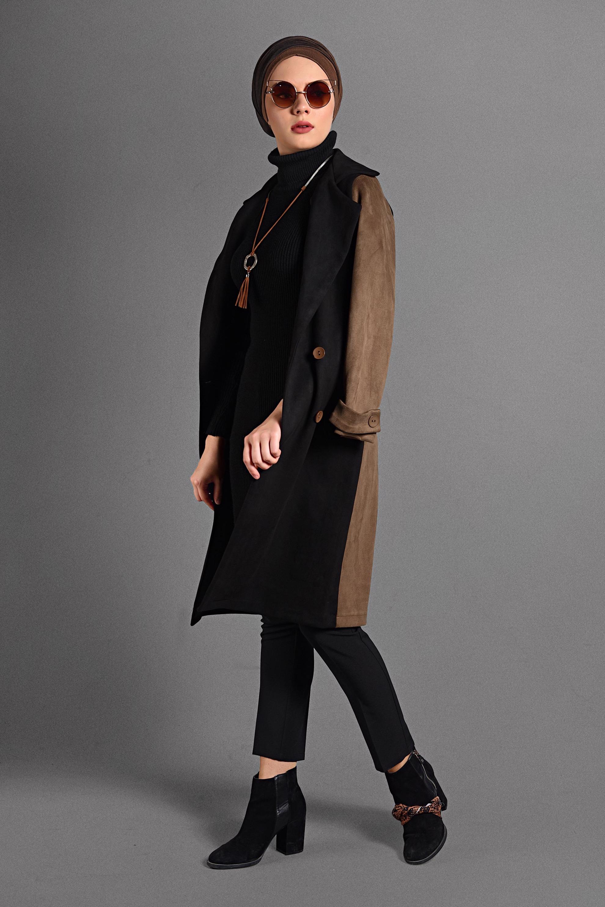 Tesettür giyim SİYAH KRUVAZE TRENÇKOT 4028 