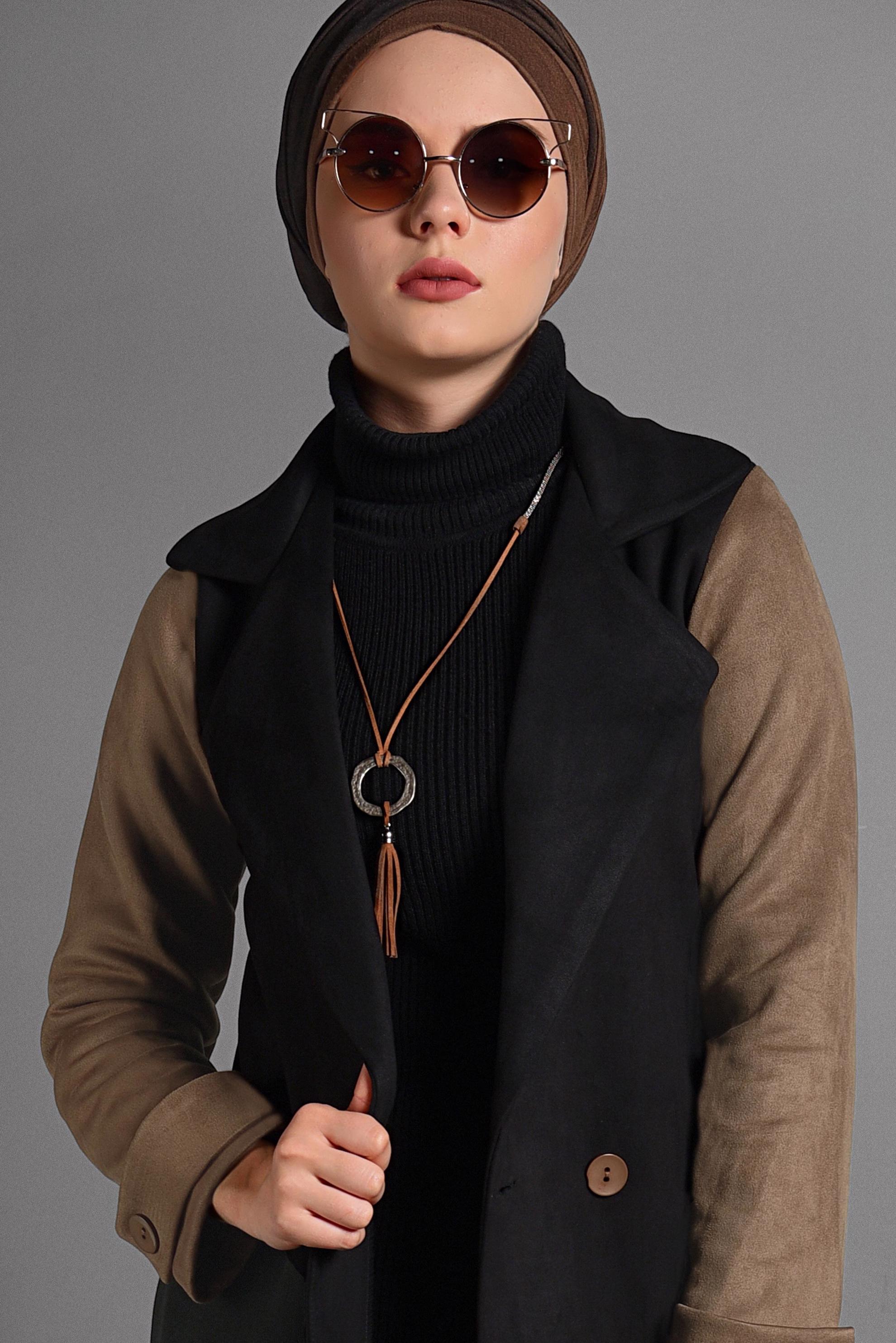 Tesettür giyim SİYAH KRUVAZE TRENÇKOT 4028 