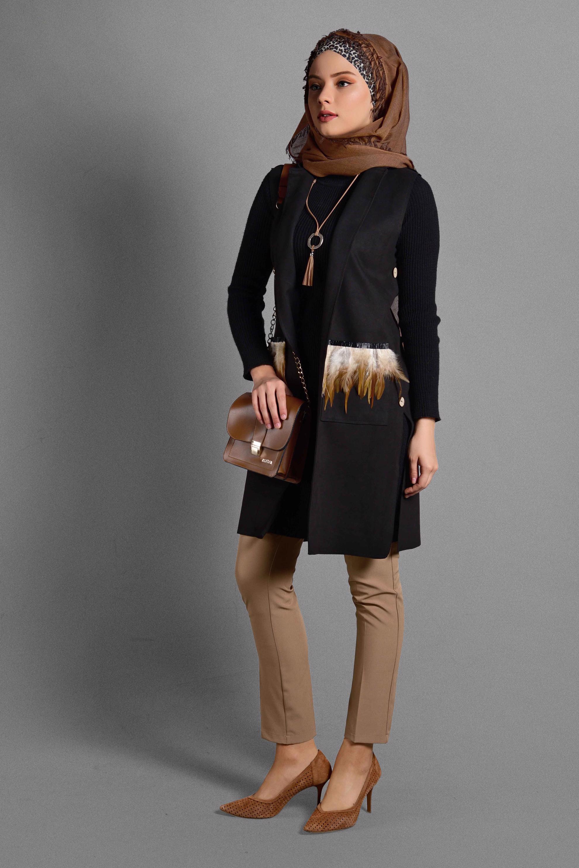 Tesettür giyim SİYAH TÜY DETAYLI SÜET YELEK 4027