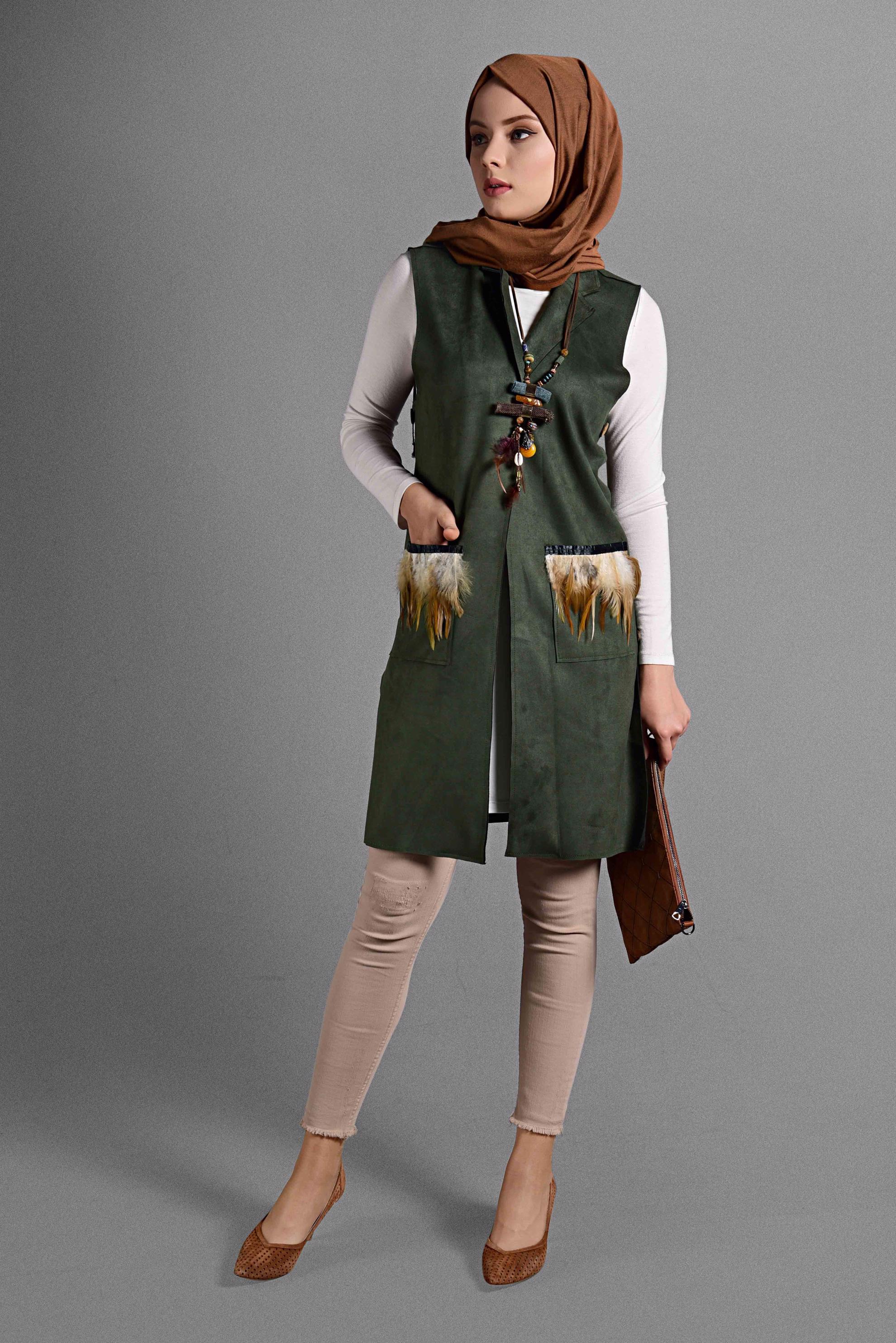 Tesettür giyim HAKİ TÜY DETAYLI SÜET YELEK 4027