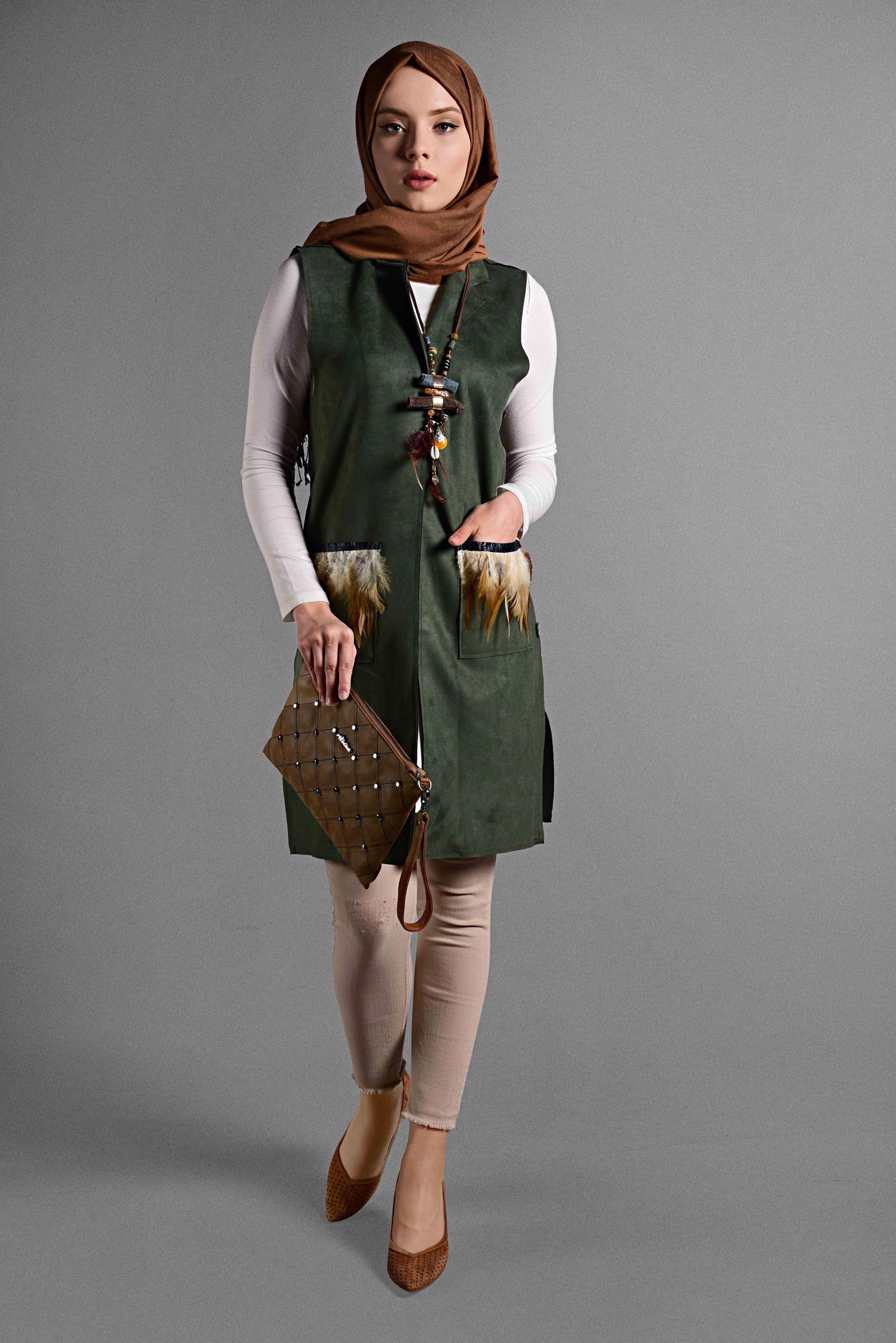 Tesettür giyim HAKİ TÜY DETAYLI SÜET YELEK 4027