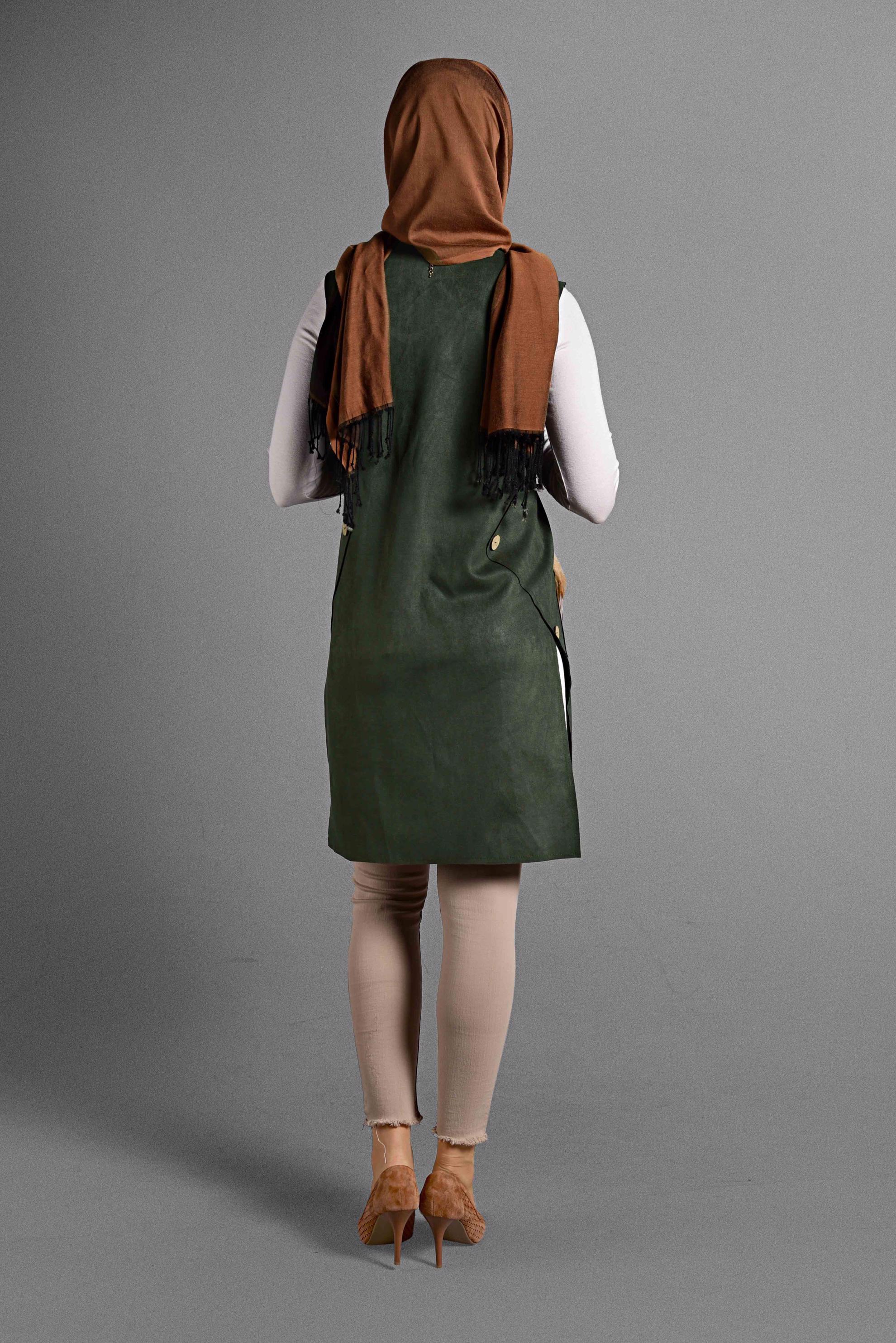 Tesettür giyim HAKİ TÜY DETAYLI SÜET YELEK 4027