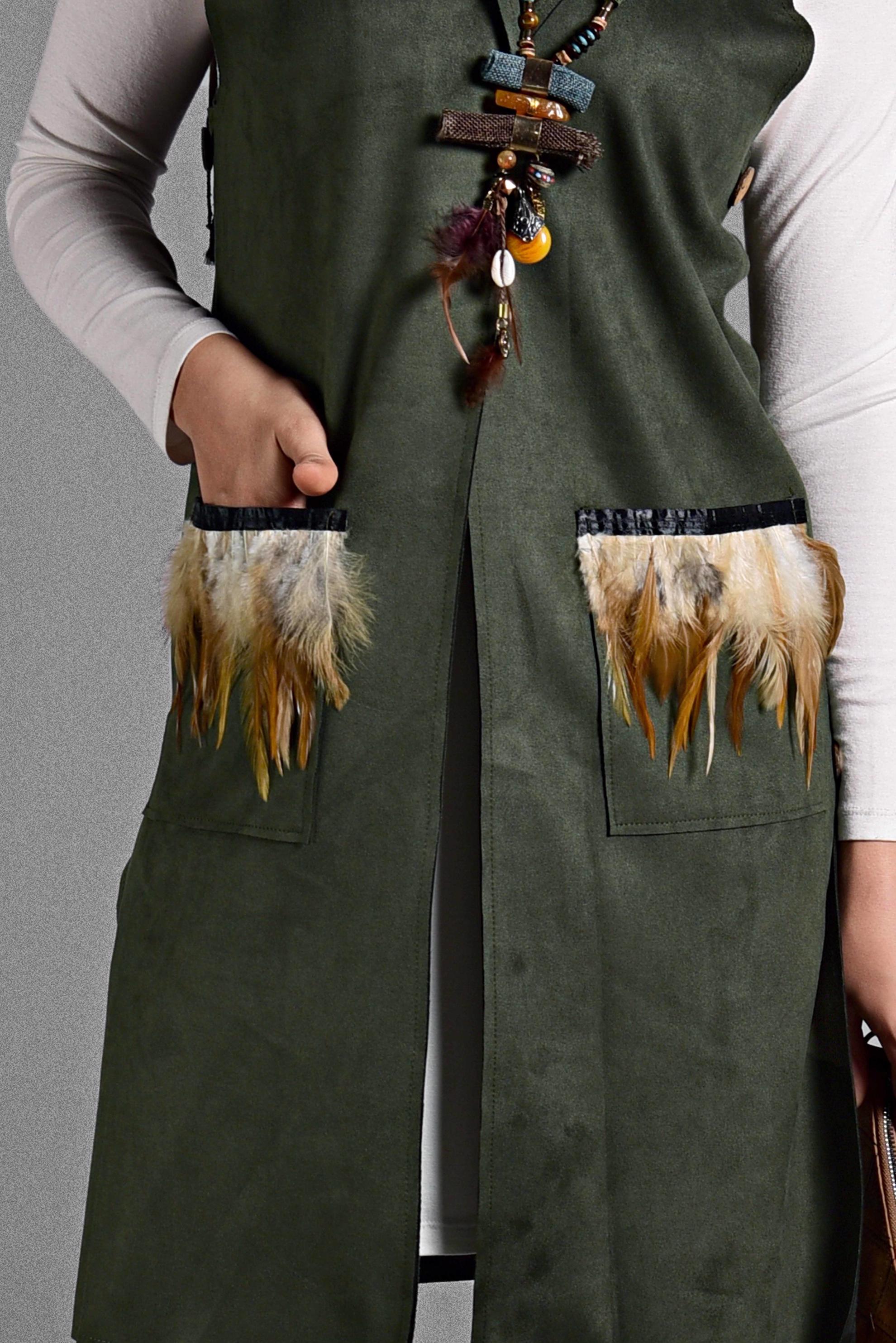 Tesettür giyim HAKİ TÜY DETAYLI SÜET YELEK 4027