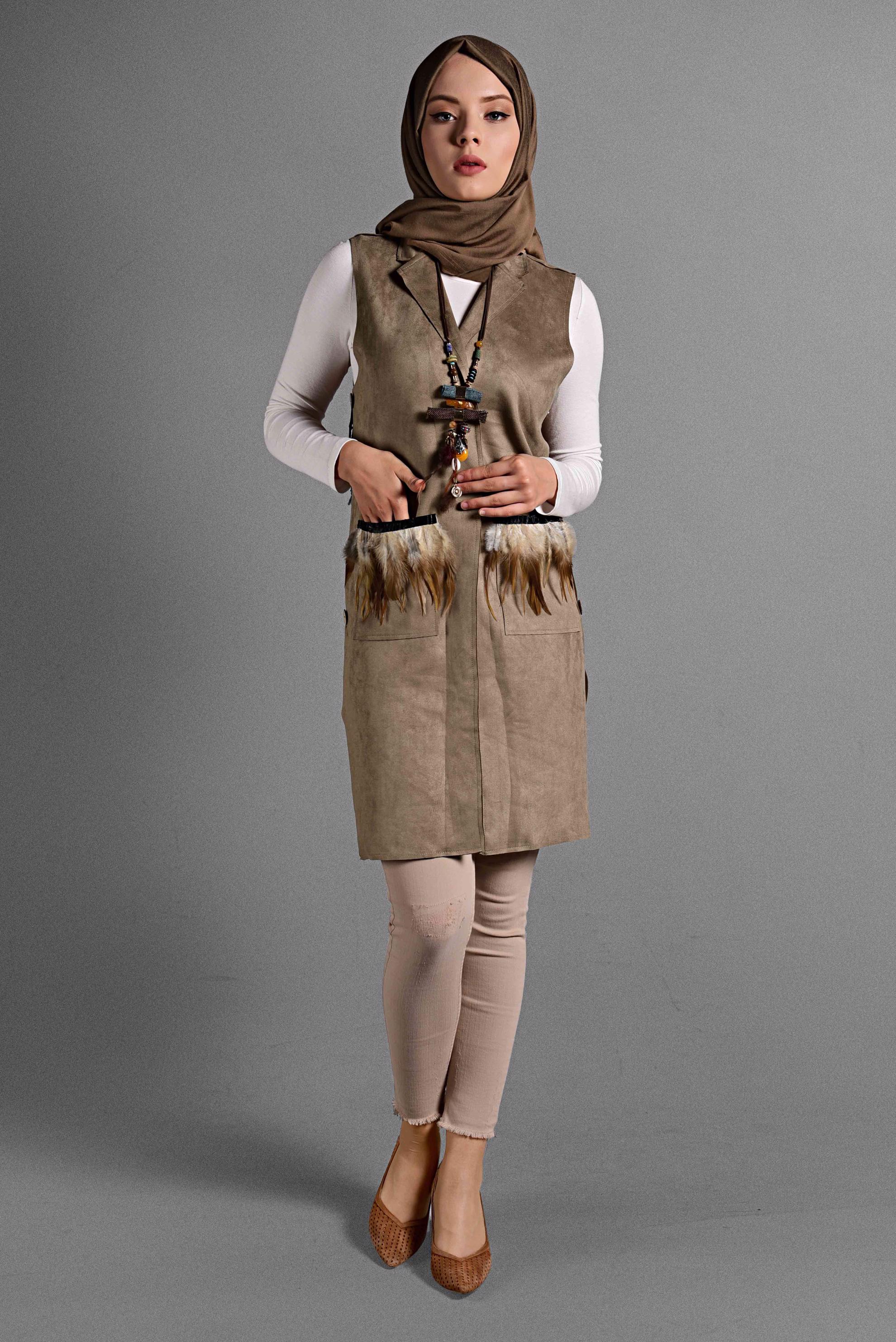 Tesettür giyim KAHVE TÜY DETAYLI SÜET YELEK 4027