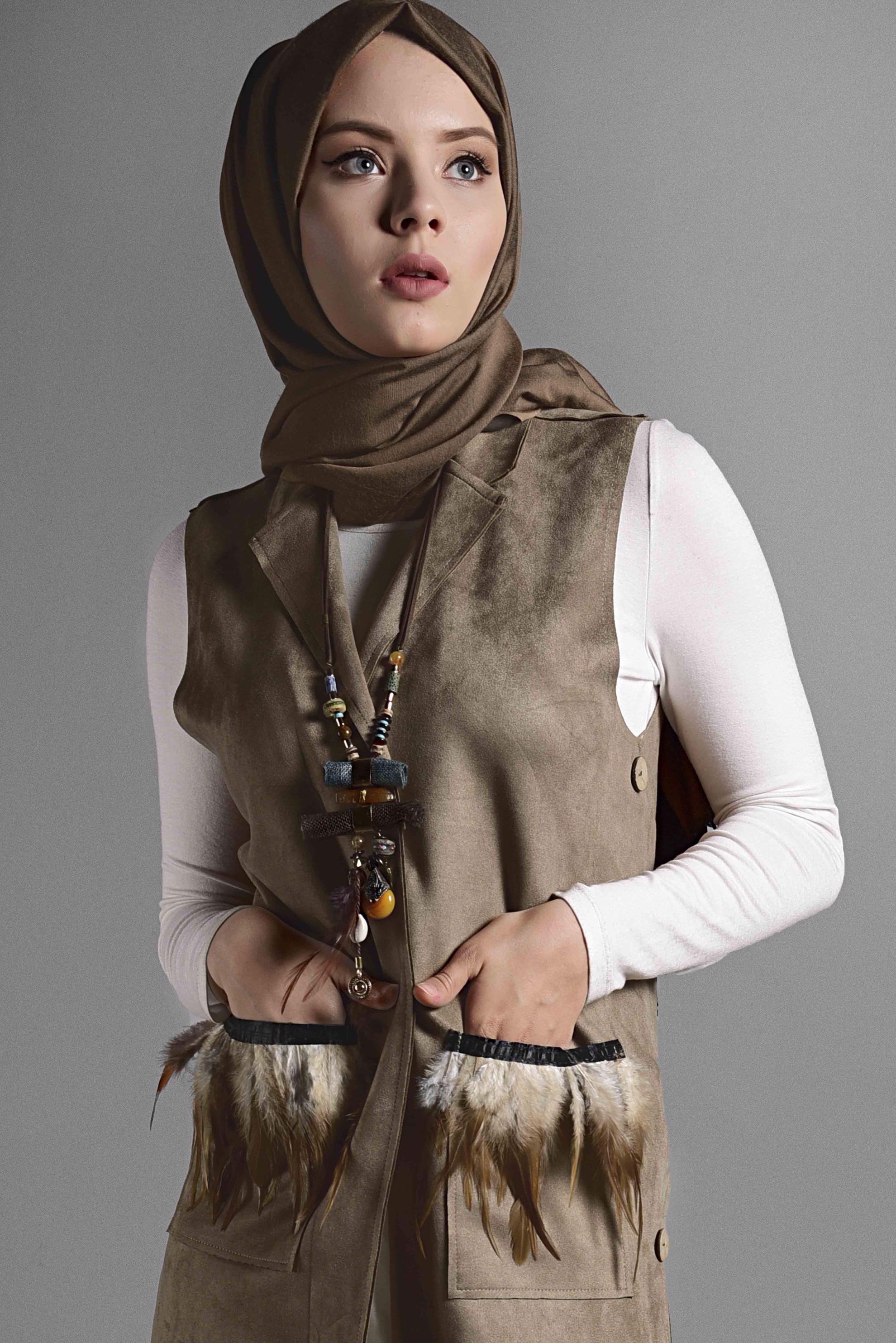 Tesettür giyim KAHVE TÜY DETAYLI SÜET YELEK 4027