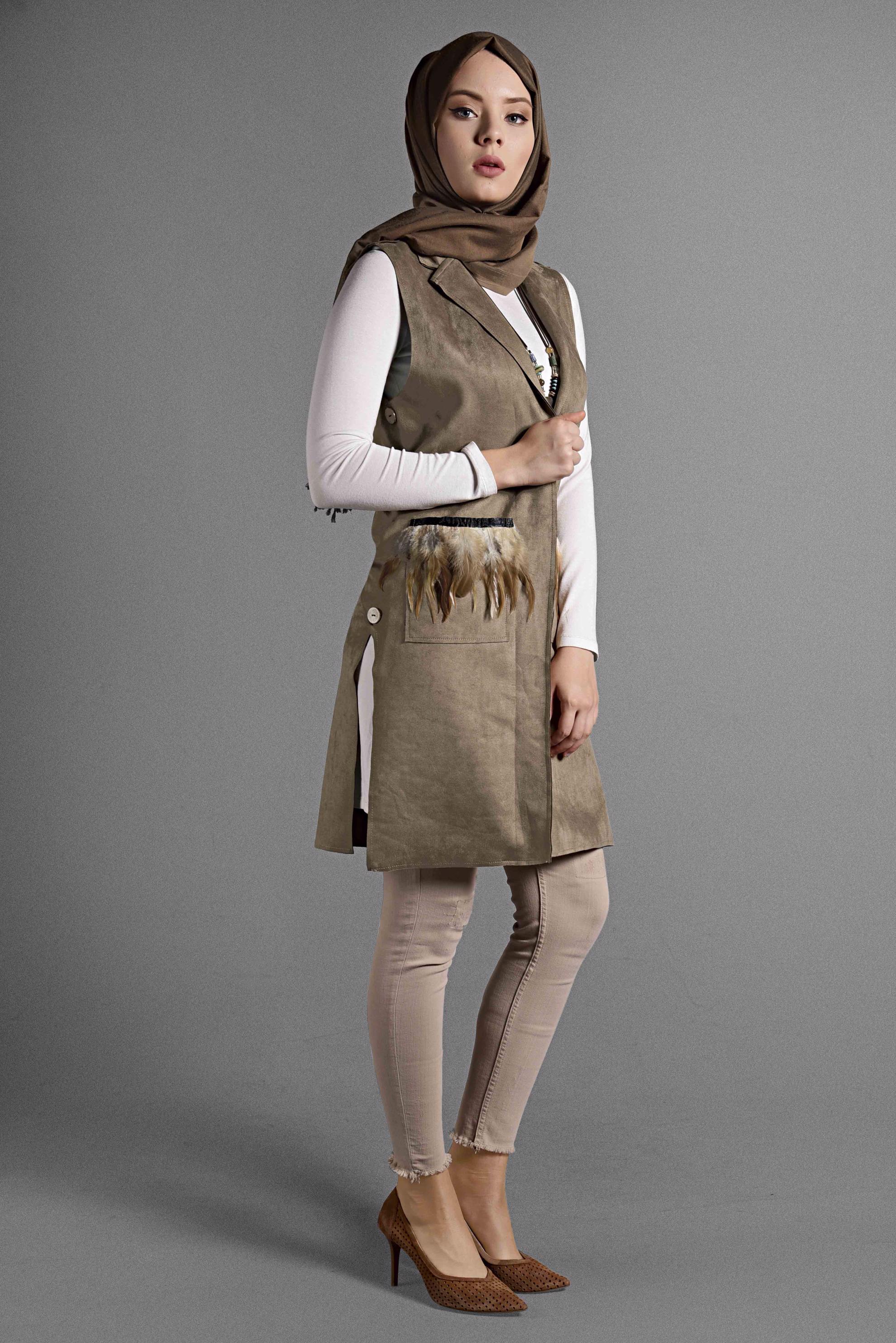 Tesettür giyim KAHVE TÜY DETAYLI SÜET YELEK 4027