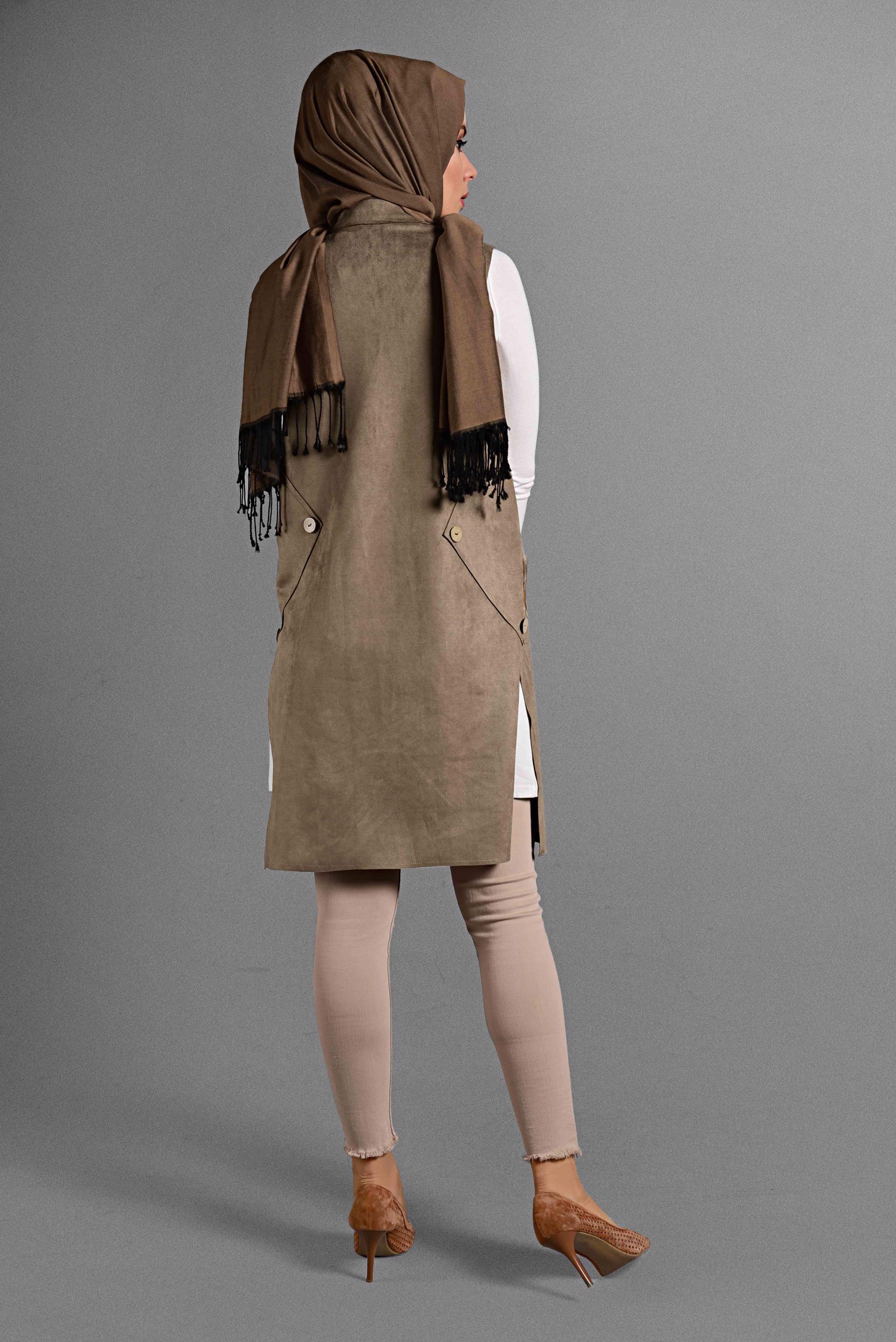 Tesettür giyim KAHVE TÜY DETAYLI SÜET YELEK 4027