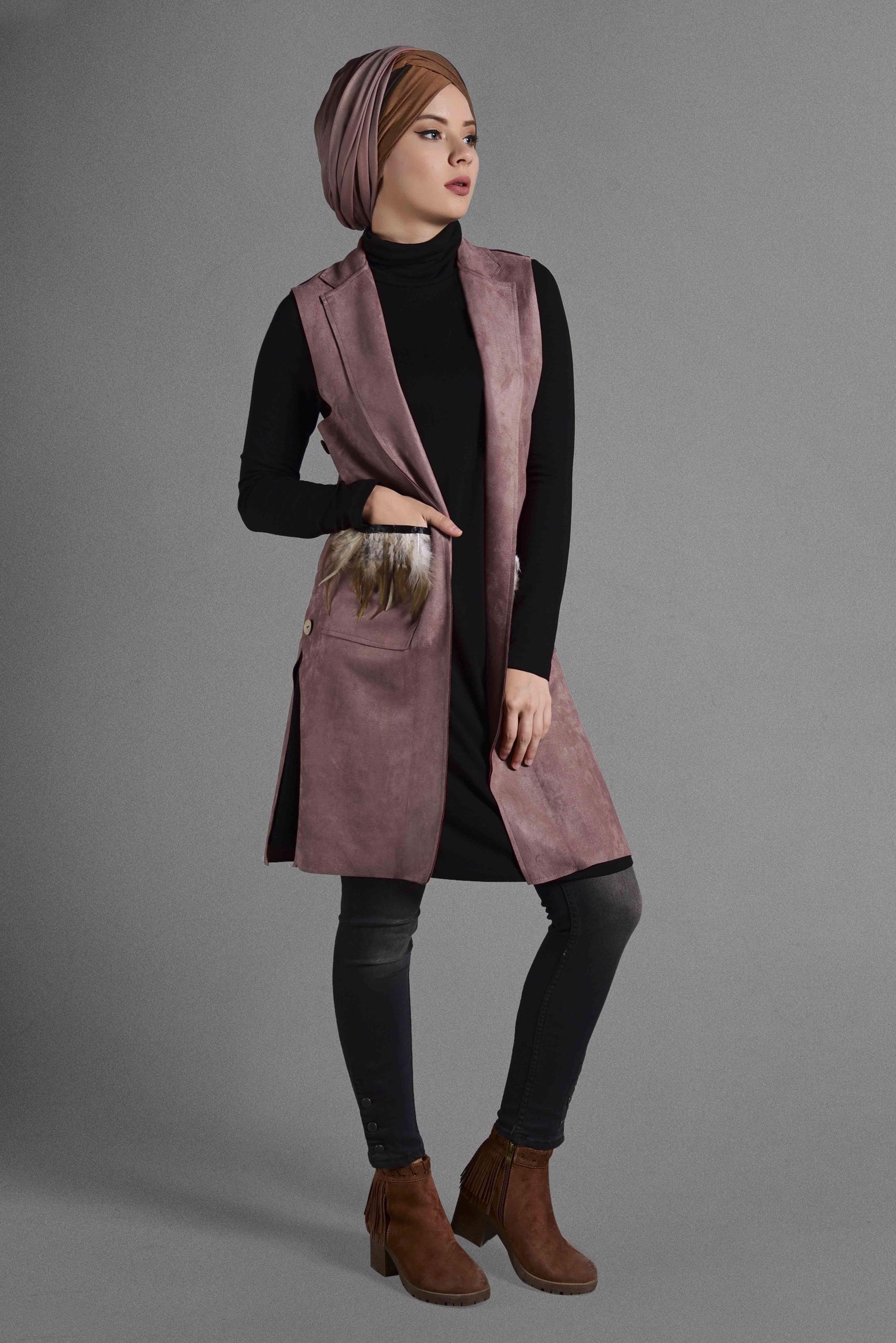 Tesettür giyim PEMBE TÜY DETAYLI SÜET YELEK 4027